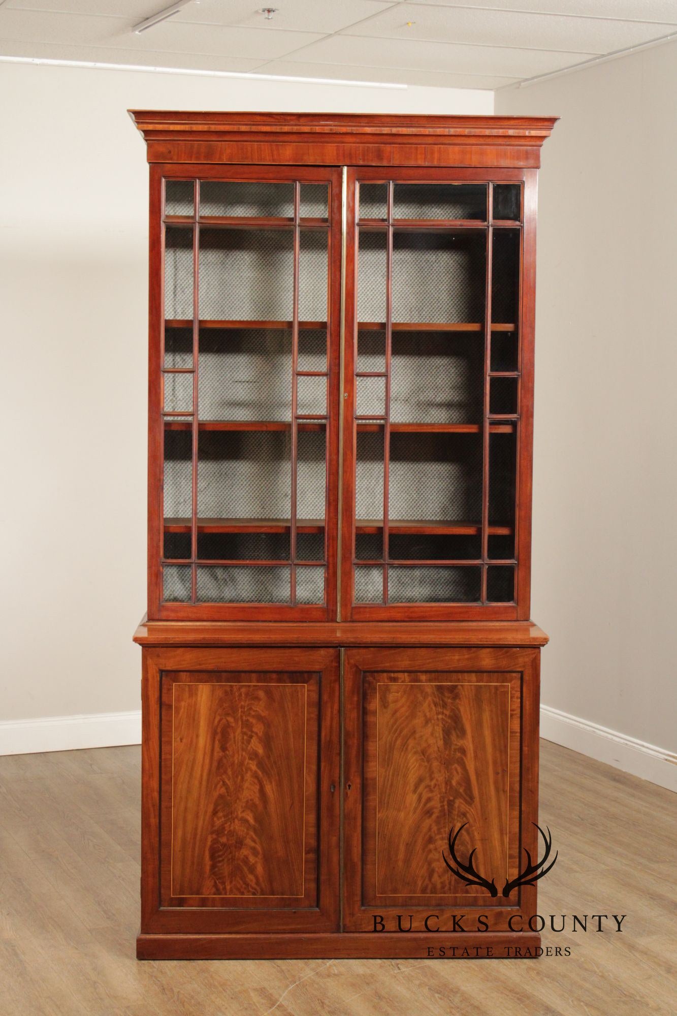 Antique English Mahogany Georgian Style Inlaid Bookcase Cabinet