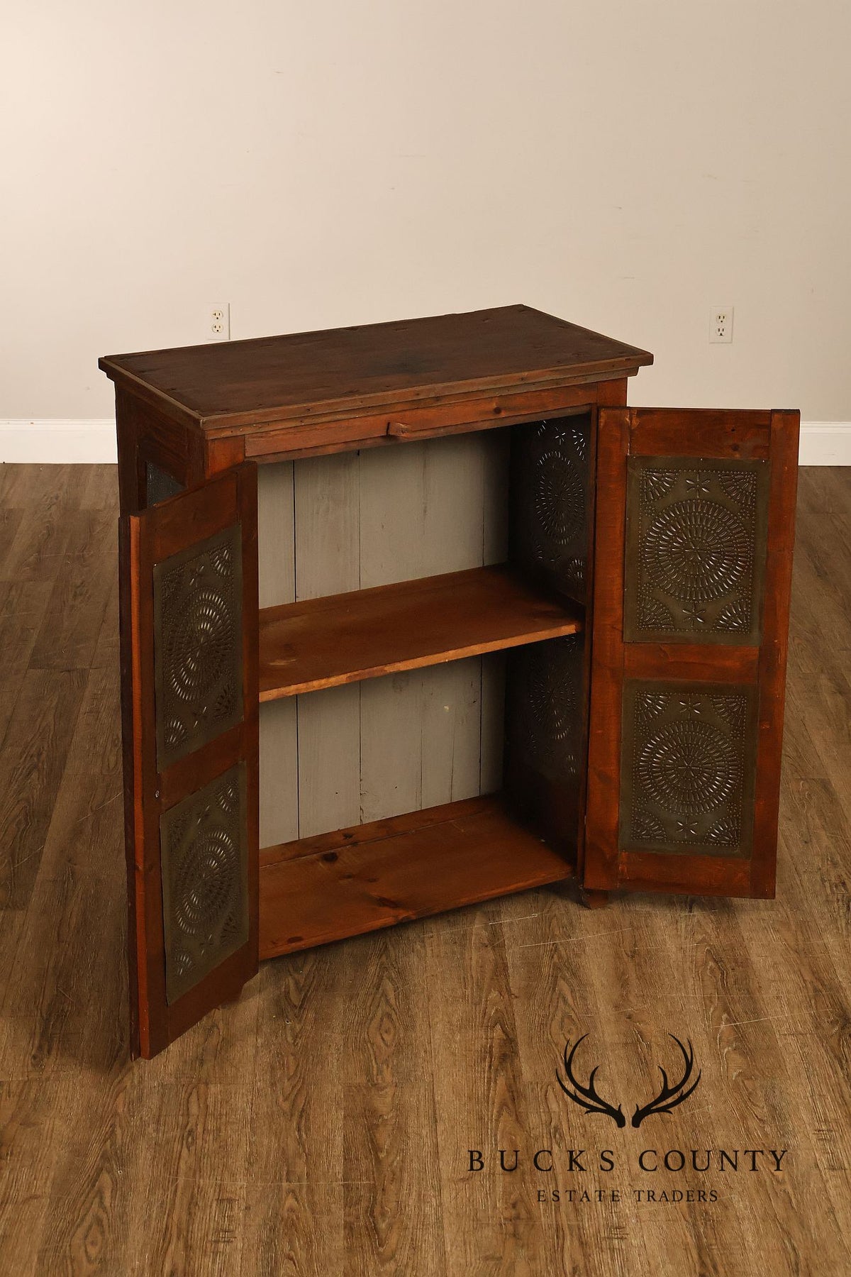 Antique American Country Pine Pie Safe Cabinet With Punched Tin Panels
