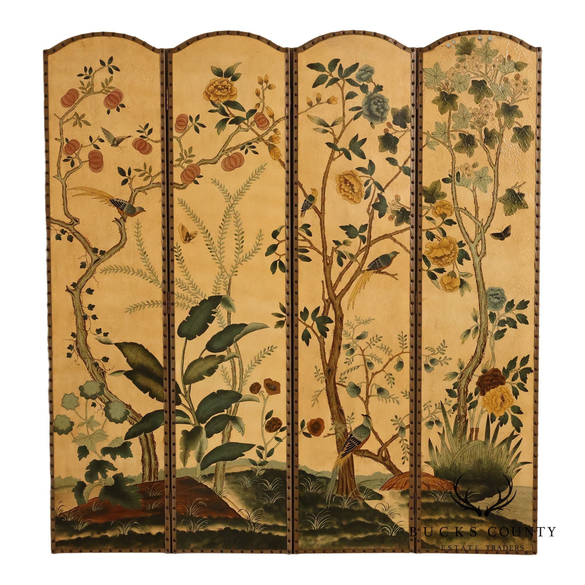 Decorative Crafts Chinoiserie Style Four Panel Hand-Painted Folding Screen