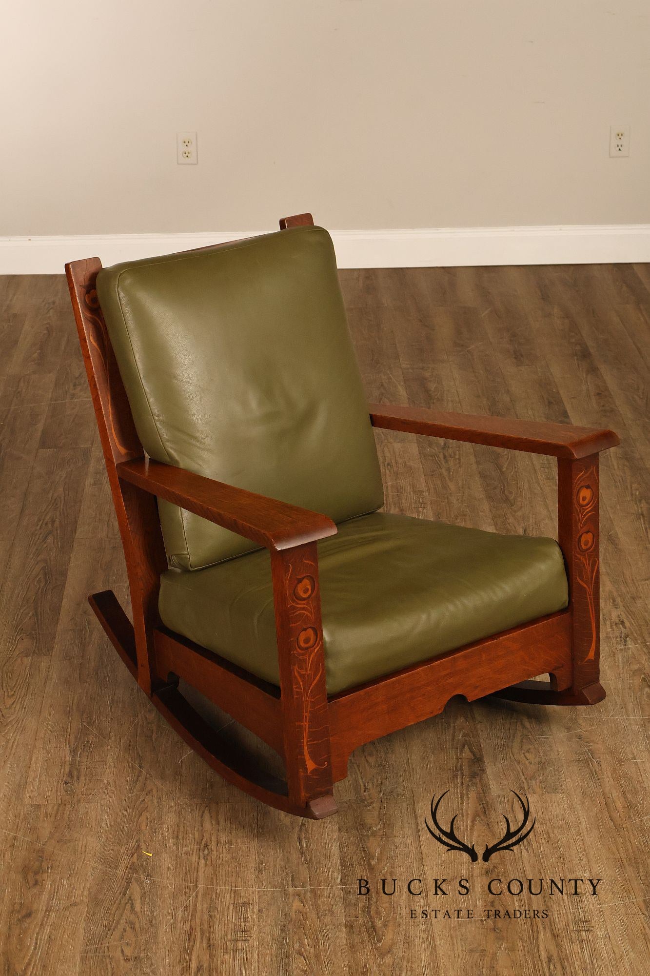 Early Rare Antique Stickley Brothers Arts And Crafts Inlaid Peacock Rocking Chair