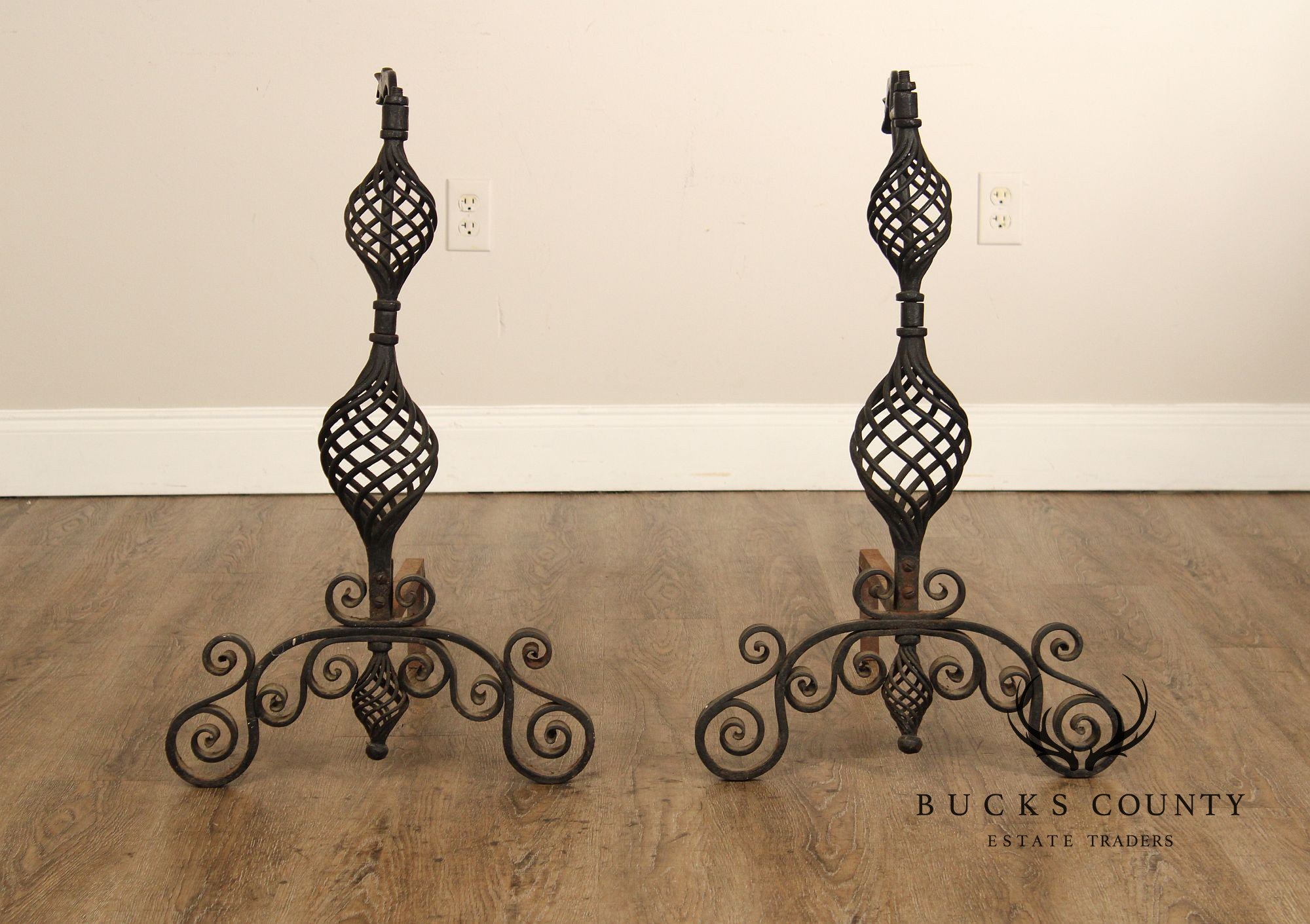 Arts & Crafts Pair of Scrolling Wrought Iron Andirons