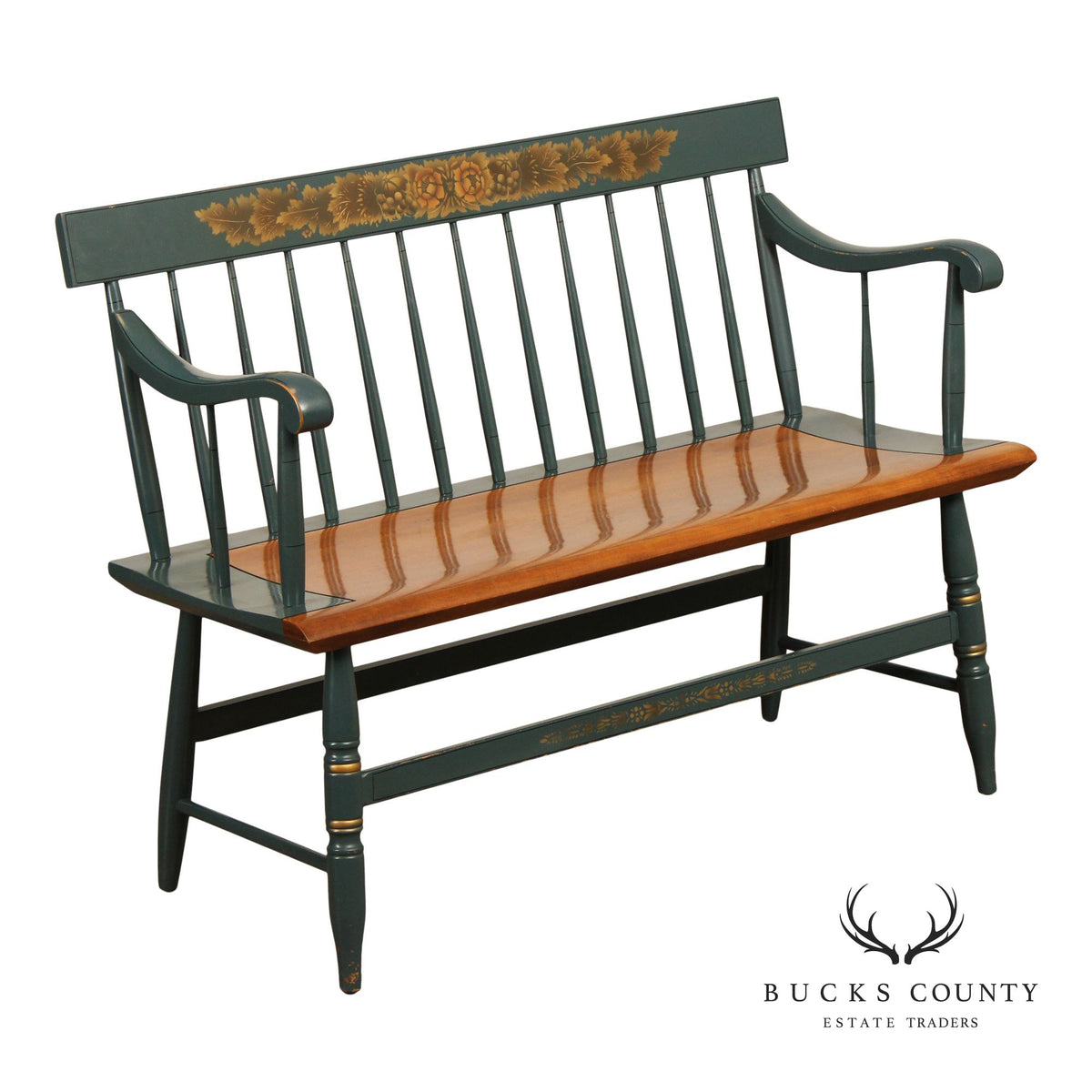 L. Hitchcock Painted Harvest Decorated Windsor Style Settee Bench