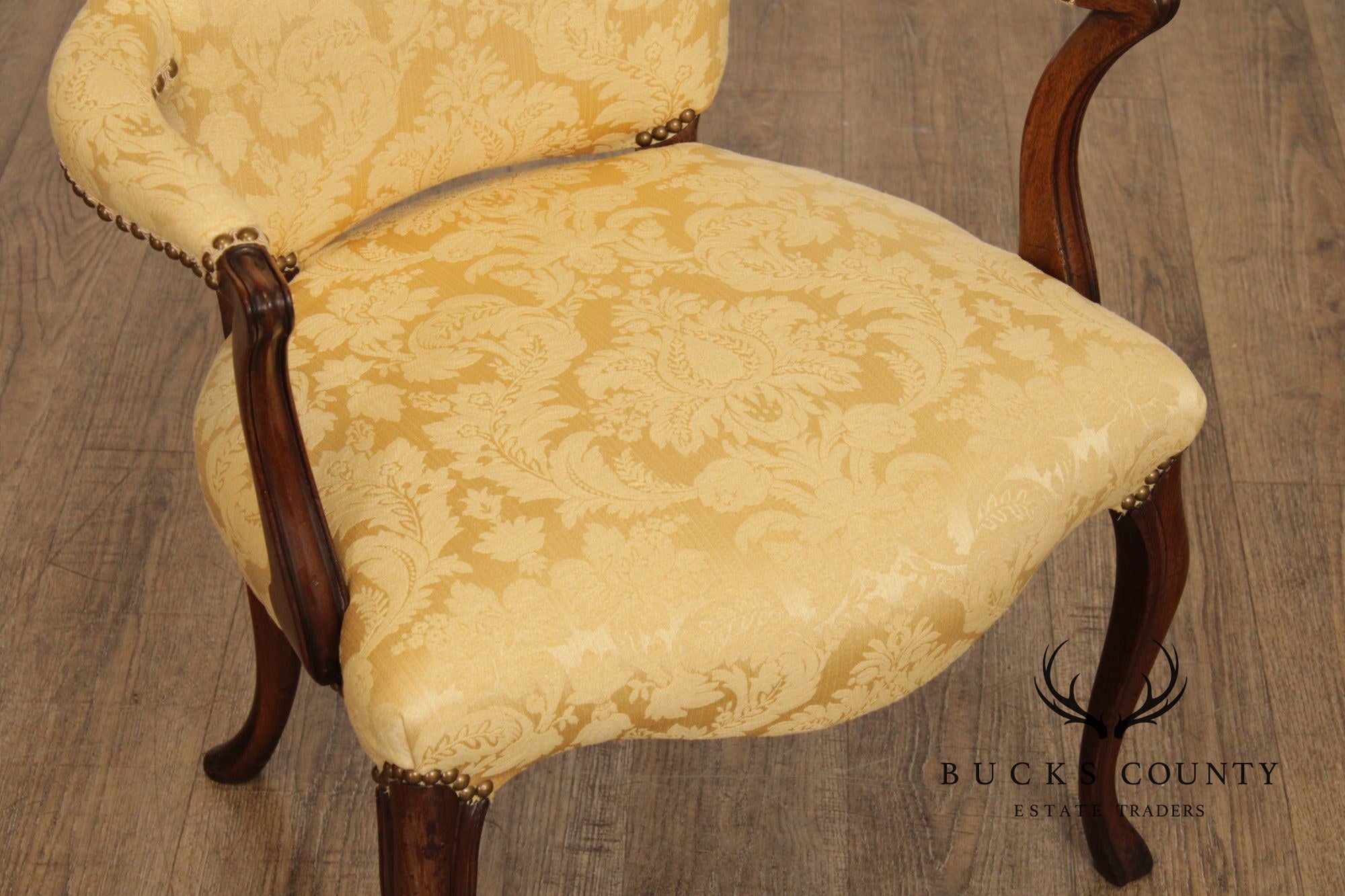 Queen Anne Style Vintage Pair of Mahogany Upholstered Armchairs