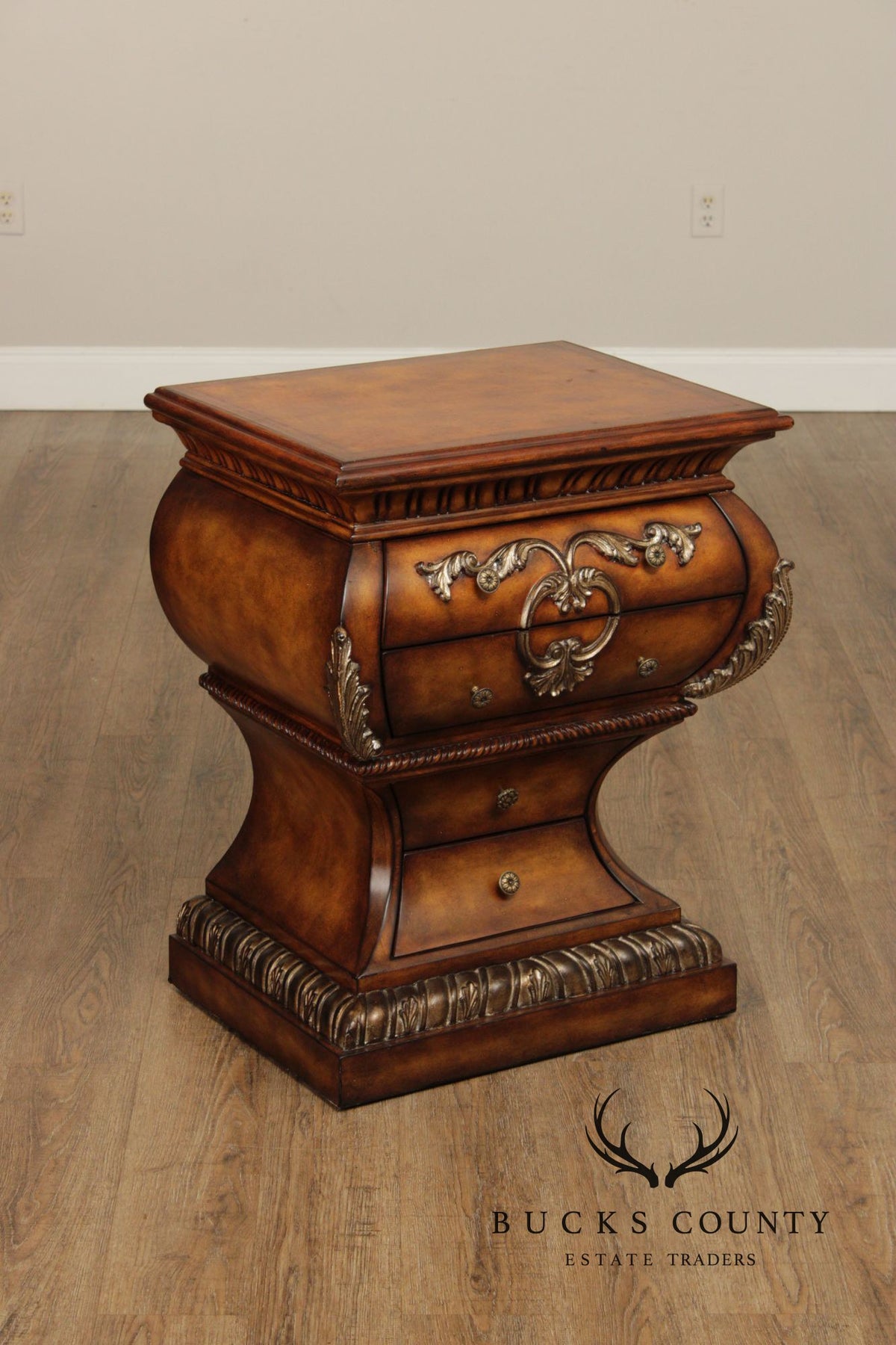 Regency Style Burlwood Bombe Four-Drawer Accent Chest
