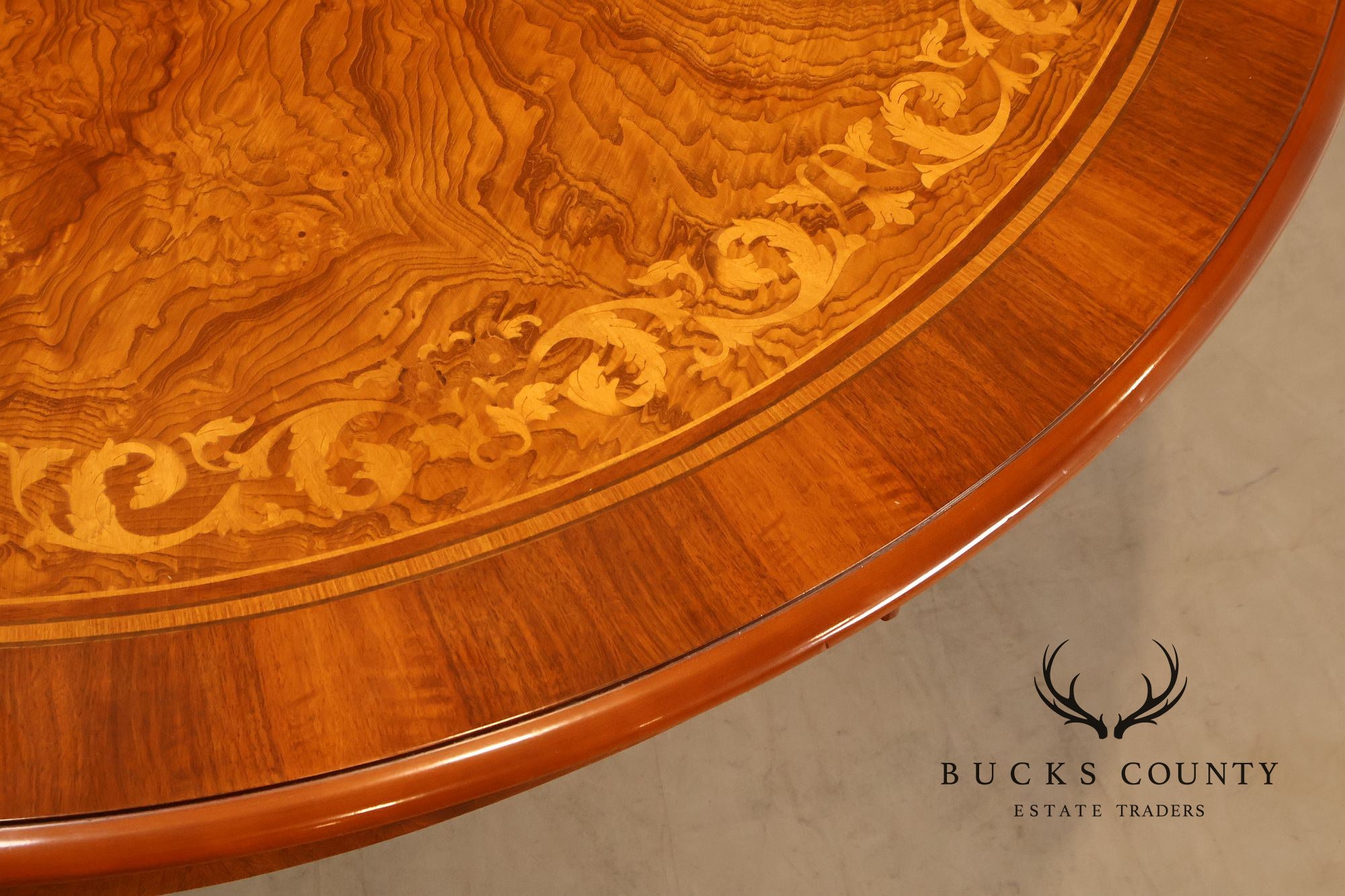 Italian 72" Round Inlaid Burl Wood Dining Table With Lazy Susan