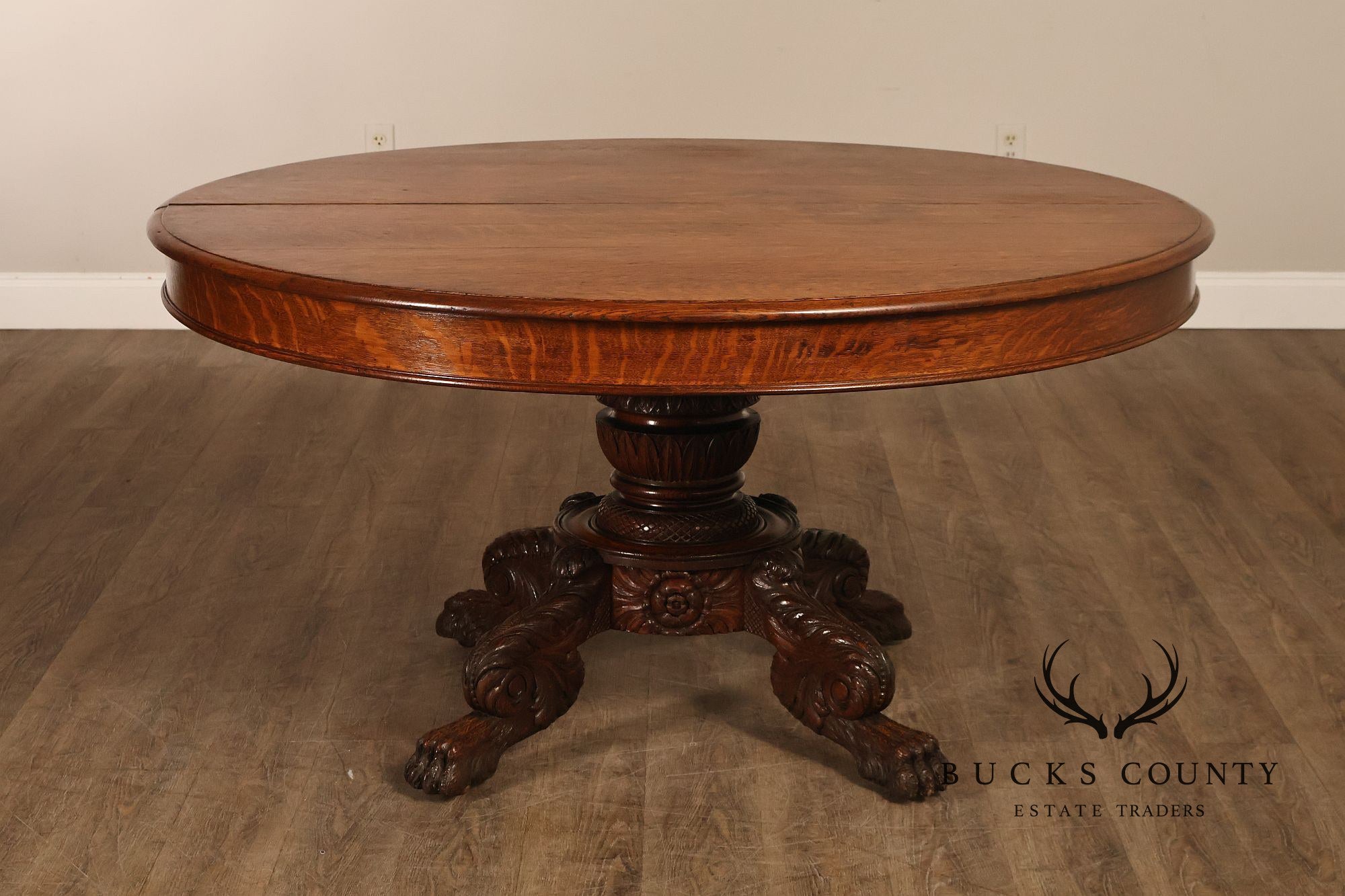 Antique 57 inch Round Oak Pedestal Dining Table With Carved Claw Feet