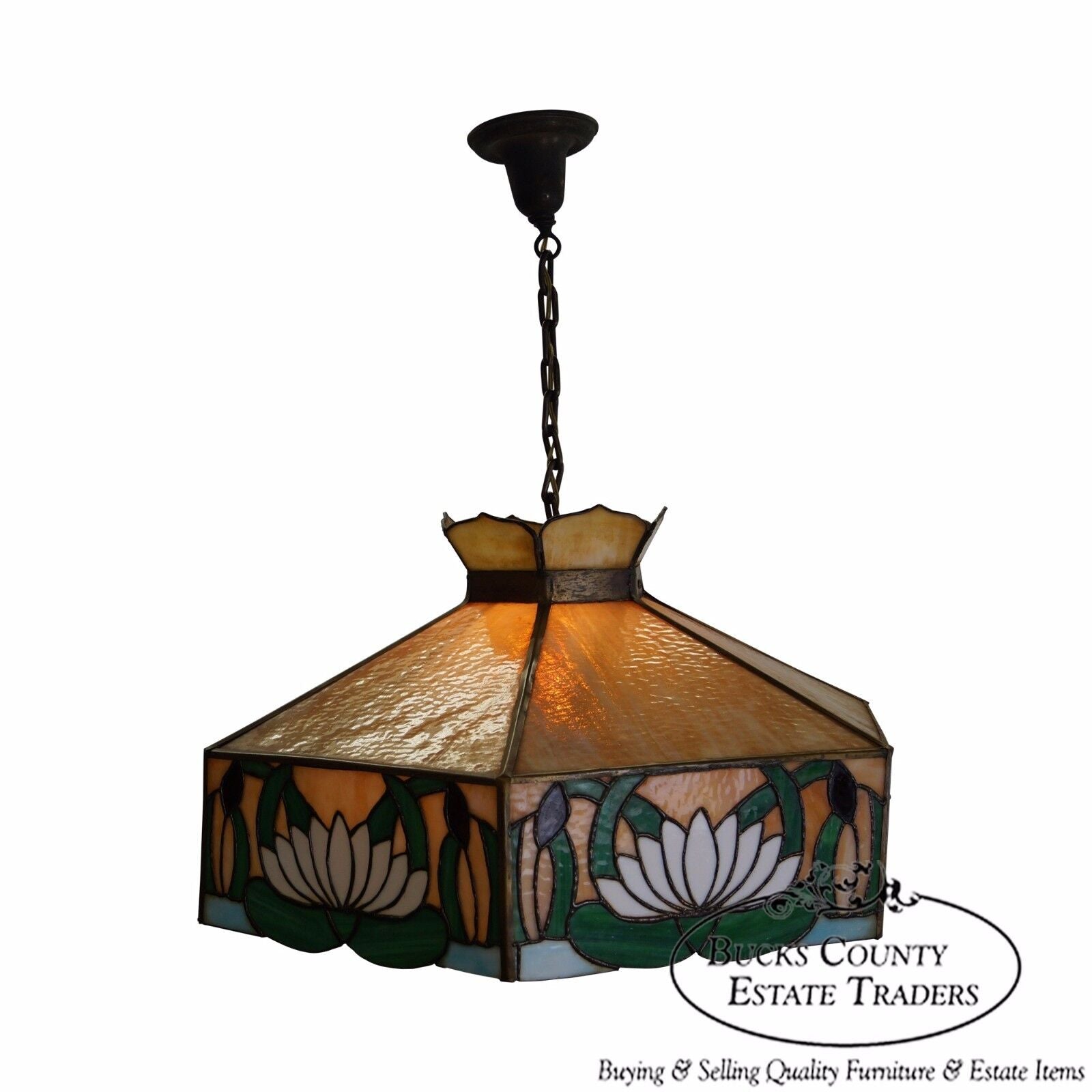 Antique Arts & Crafts Stained Glass Hanging Chandelier Light Fixture
