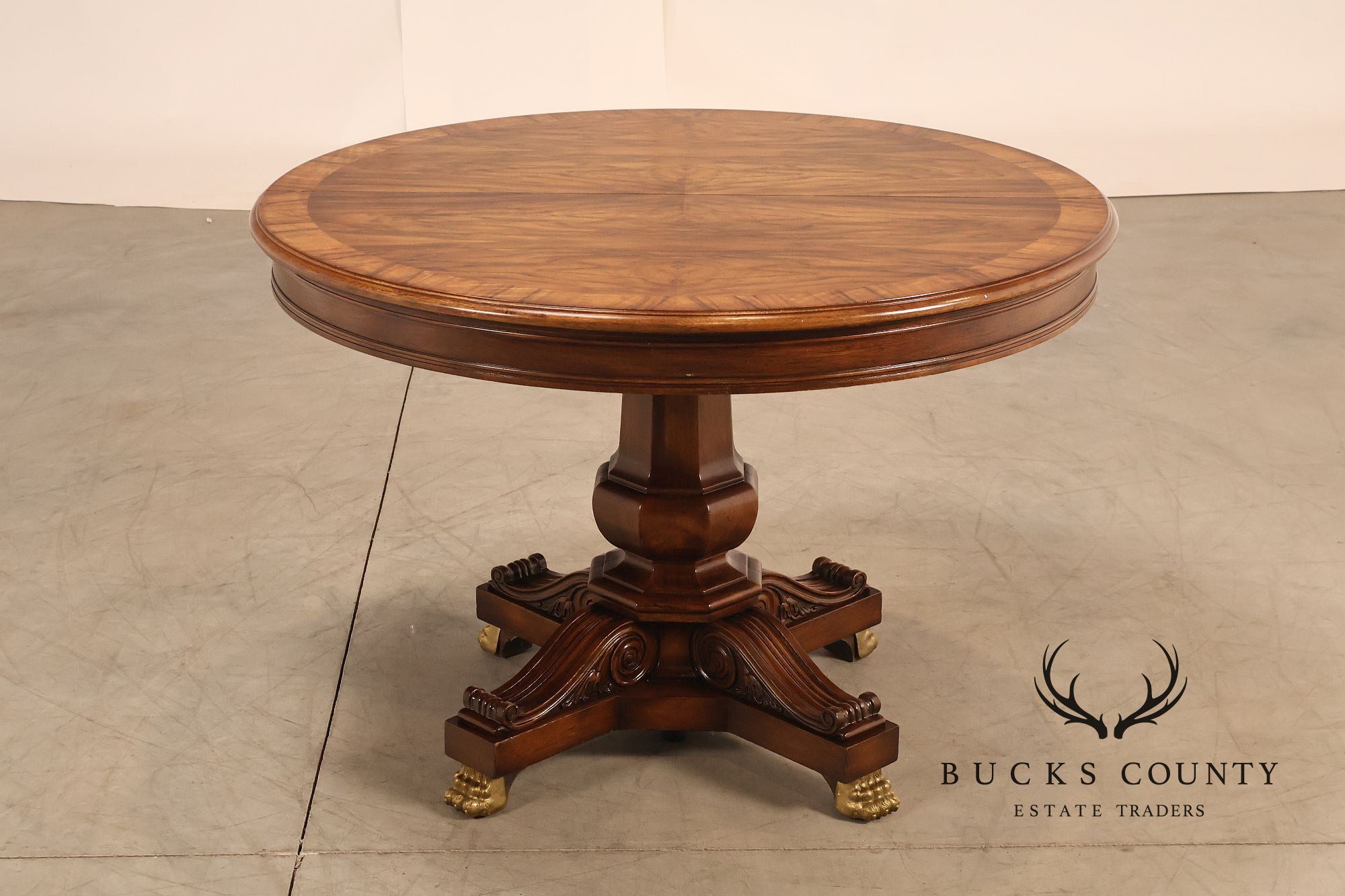 Karges Walnut Round Extendable Dining Table With Three Leaves