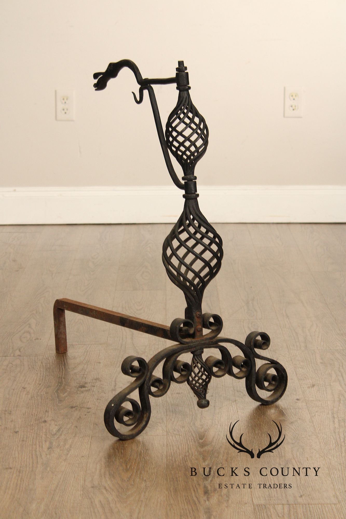 Arts & Crafts Pair of Scrolling Wrought Iron Andirons