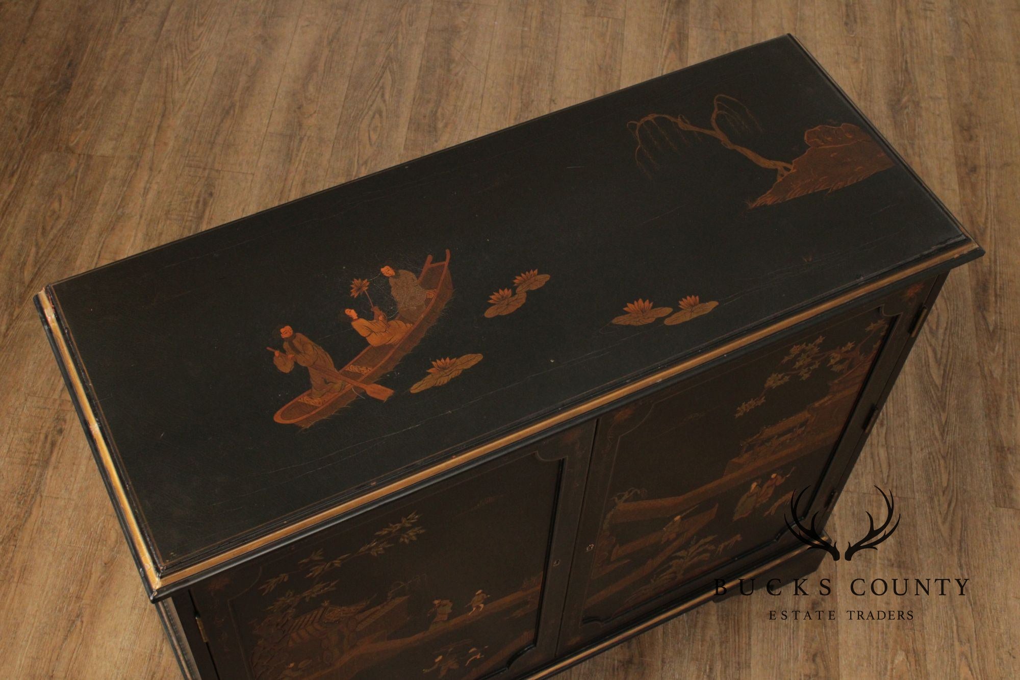 Georgian Furnishing Co. Pair Of Black Lacquer Chinoiserie Cabinets