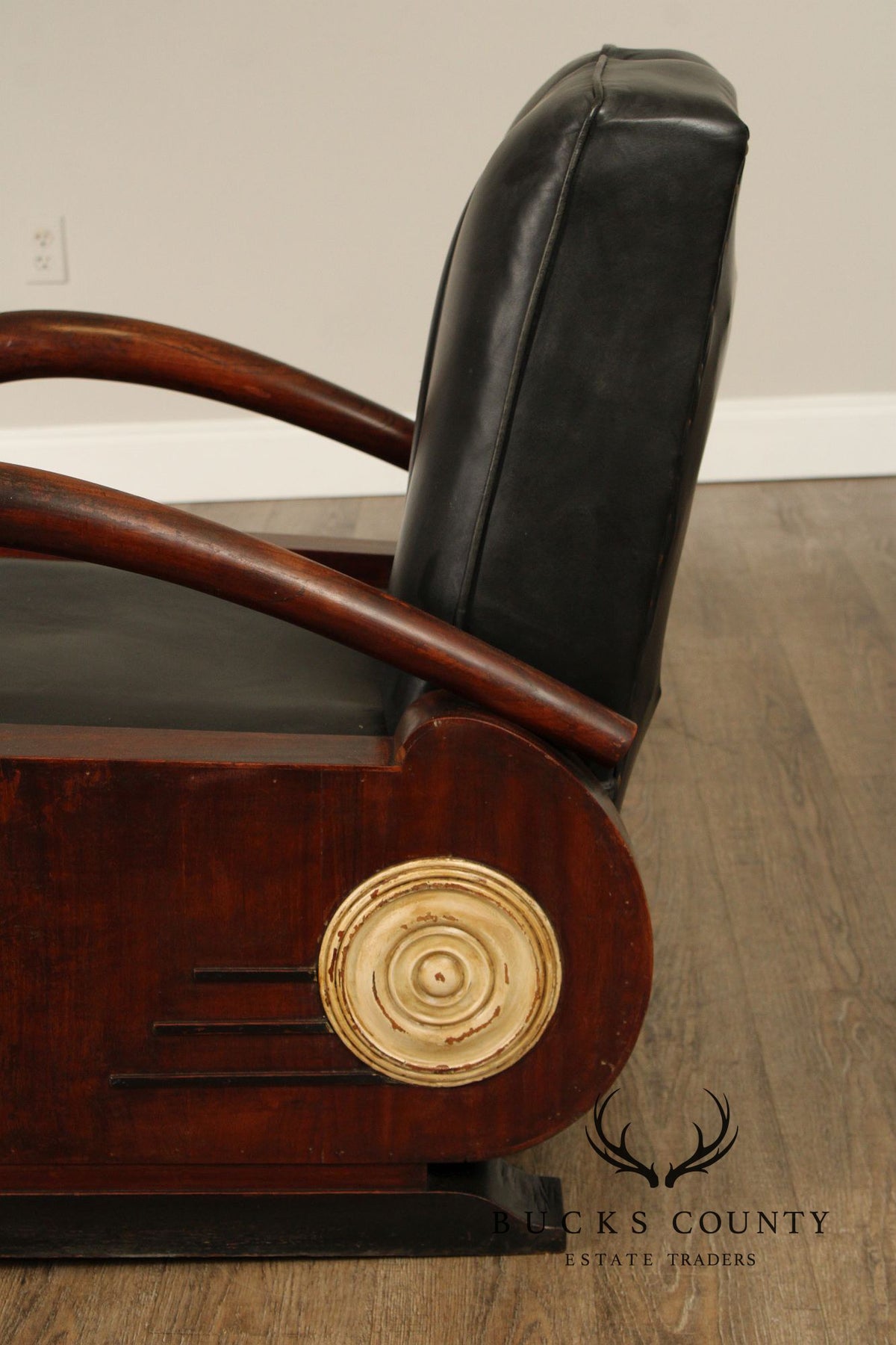 Art Deco Pair Of Streamline Moderne Rosewood And Black Leather Lounge Chairs