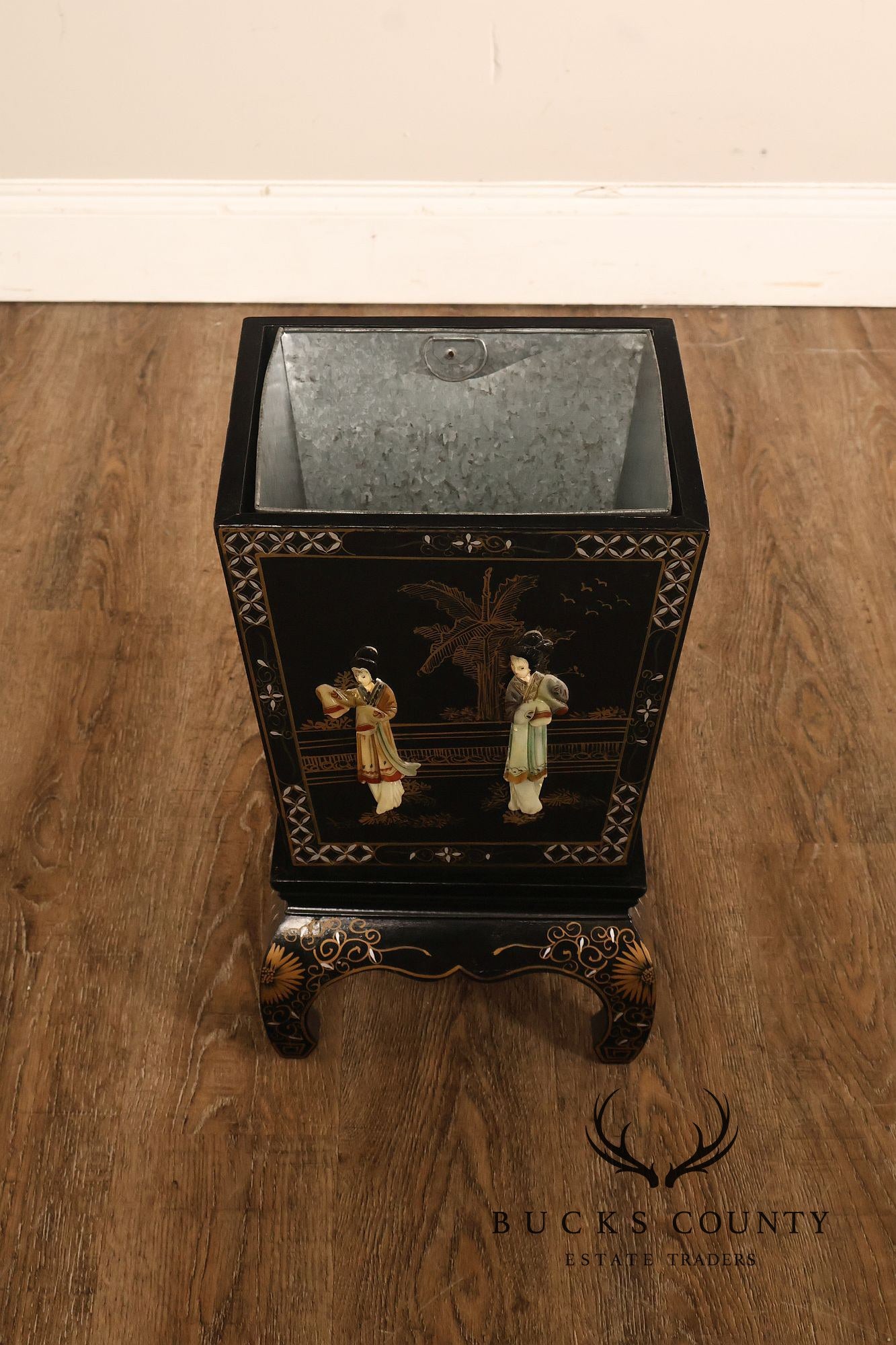 Chinese Black Lacquer Mother Of Pearl Inlaid Figural Planter On Matching Stand