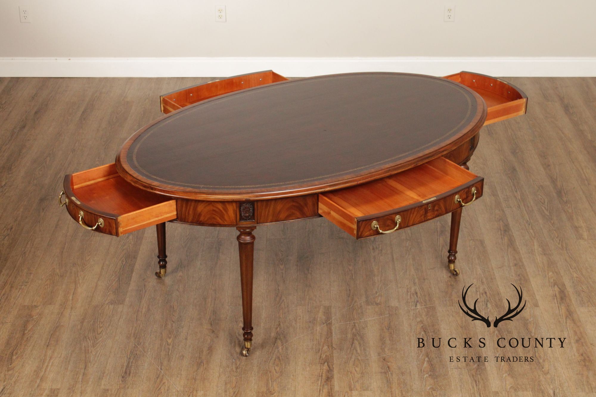 E.J. Victor Regency Style Mahogany Leather Top Oval Partners Desk Writing Table