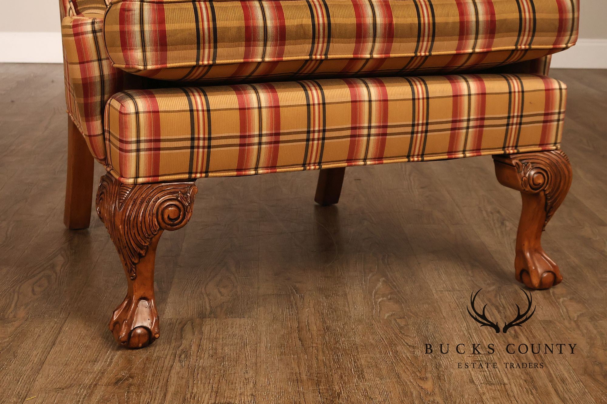 Ethan Allen Chippendale Style Plaid Upholstered Wing Chair