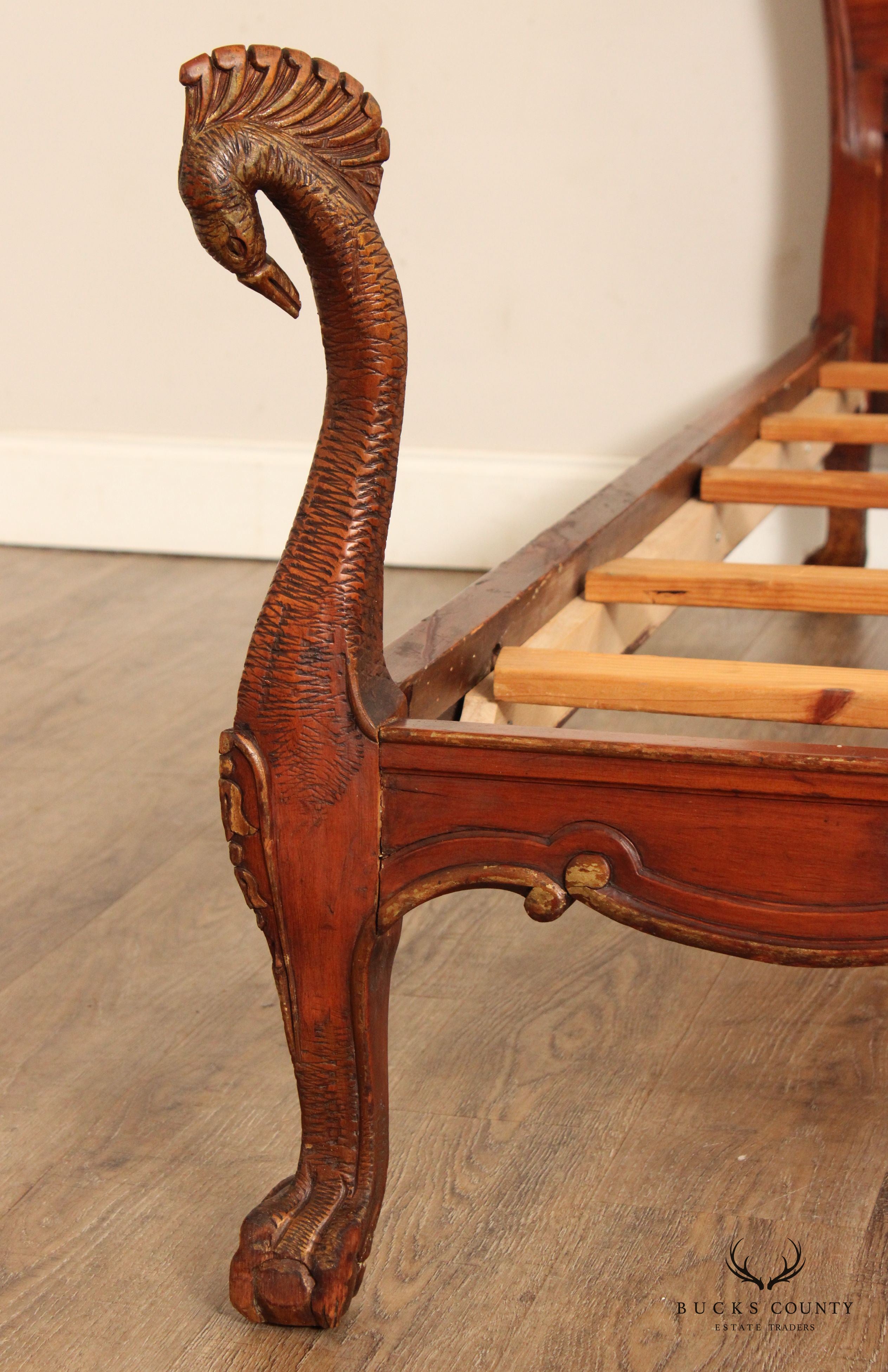 Antique French Rococo Style Peacock Carved Twin Size Bed Frame