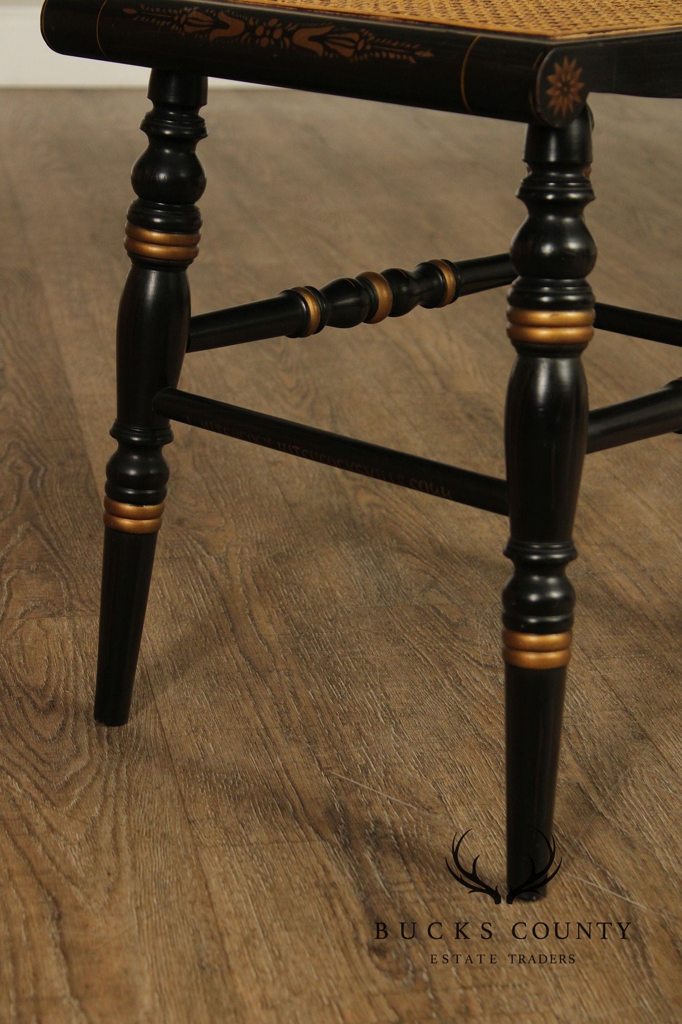 Pair Of L. Hitchcock Black And Gold Hand Stenciled Caned Benches