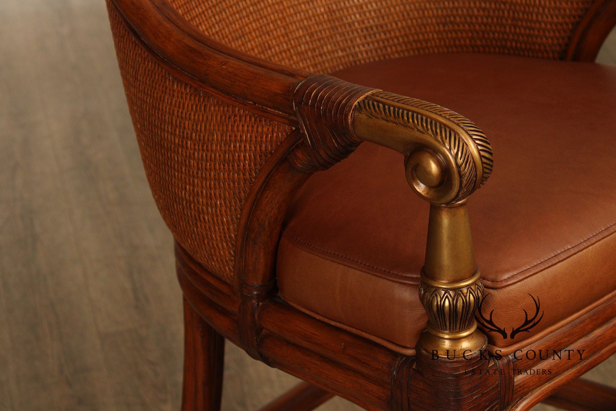 Pair Of Ethan Allen Leather And Rattan Bar Stools