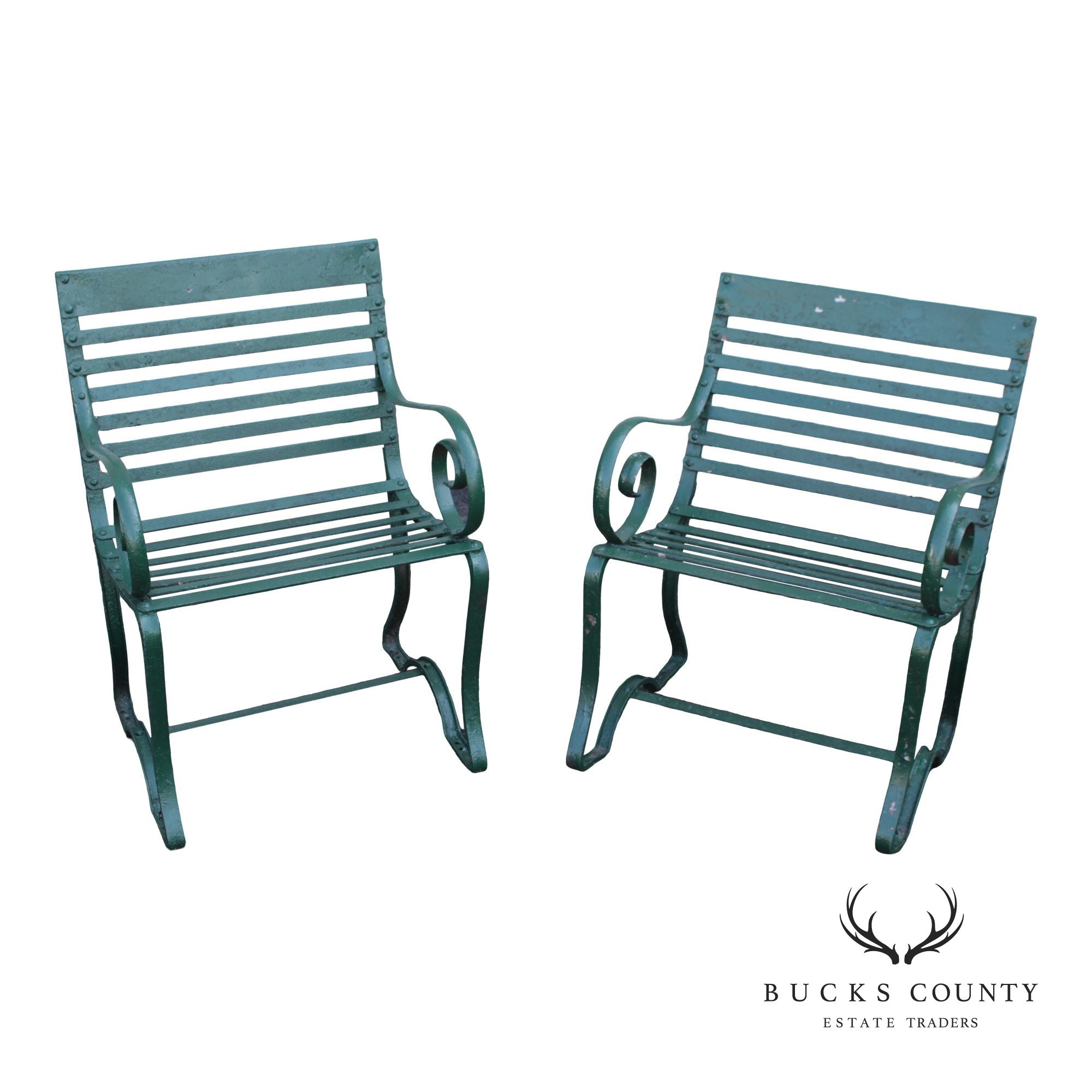 Antique Pair of Wrought Iron Outdoor Garden Armchairs