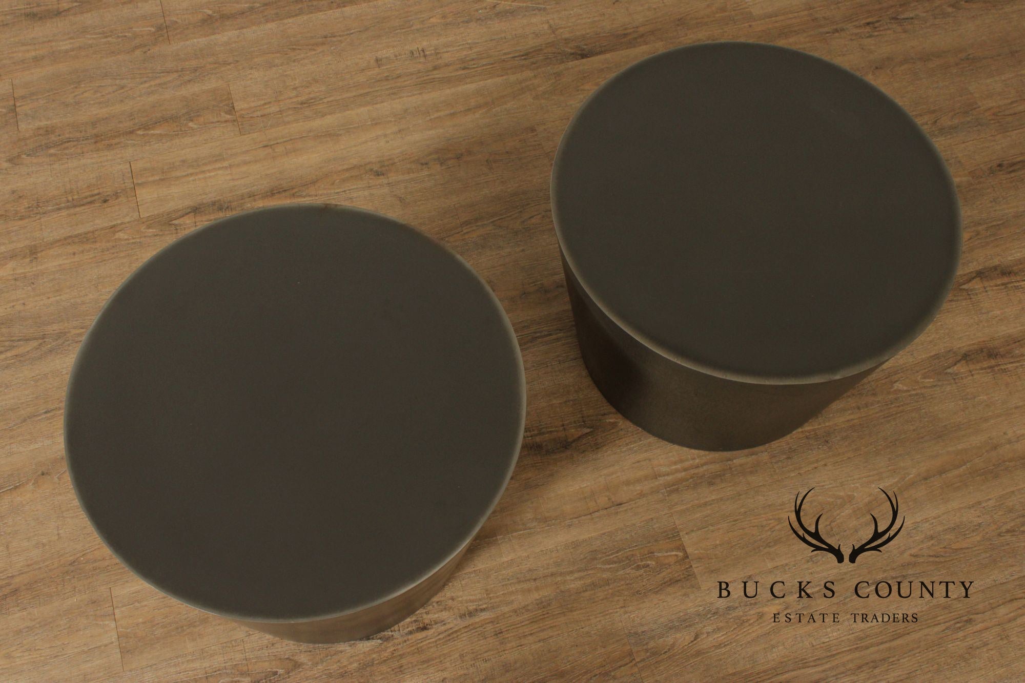 Modern Pair of Patinated Steel Round Drum Side Tables