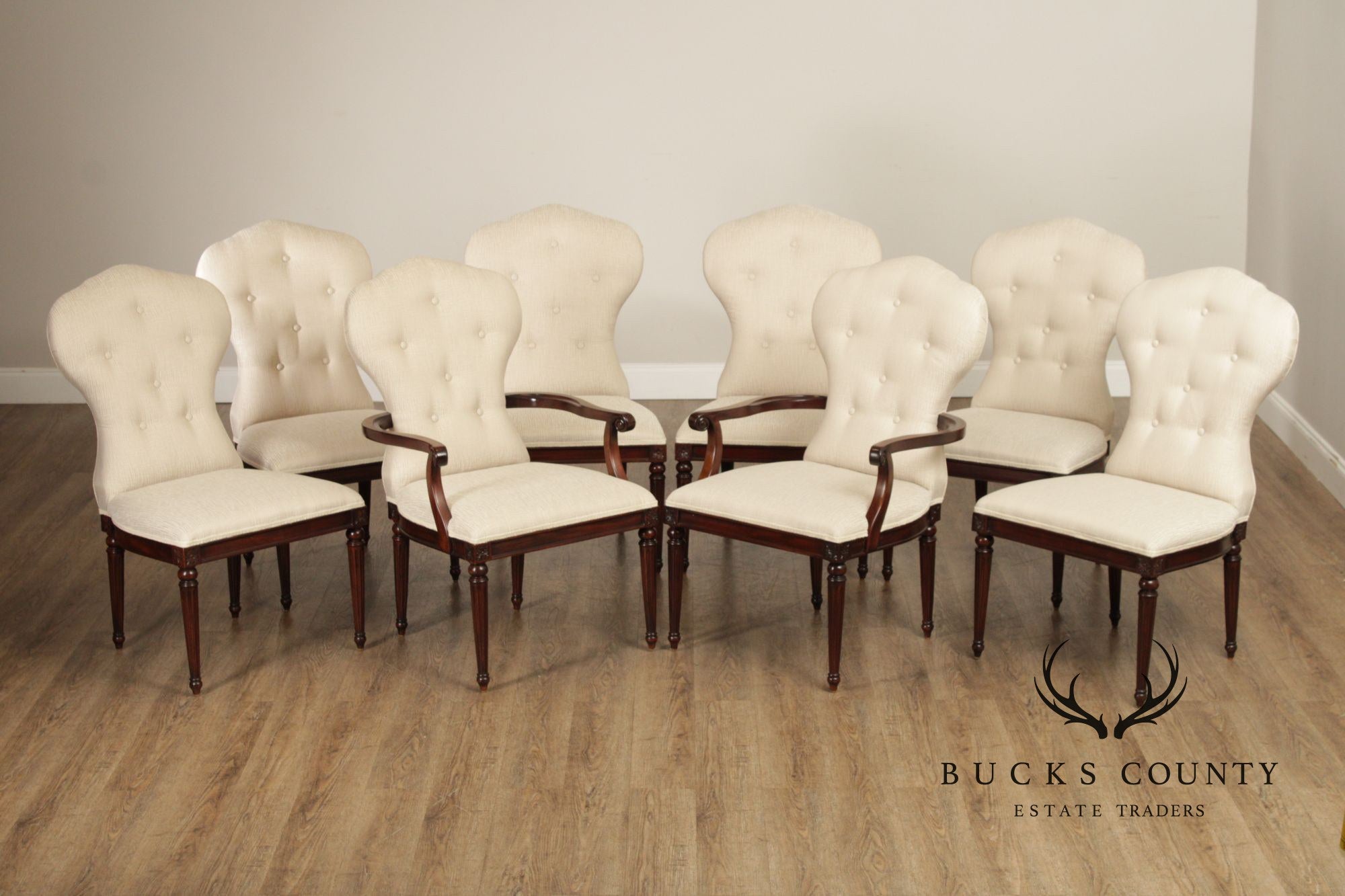 Maitland Smith French Louis XVI Style Set of Eight Mahogany and Upholstered Dining Chairs