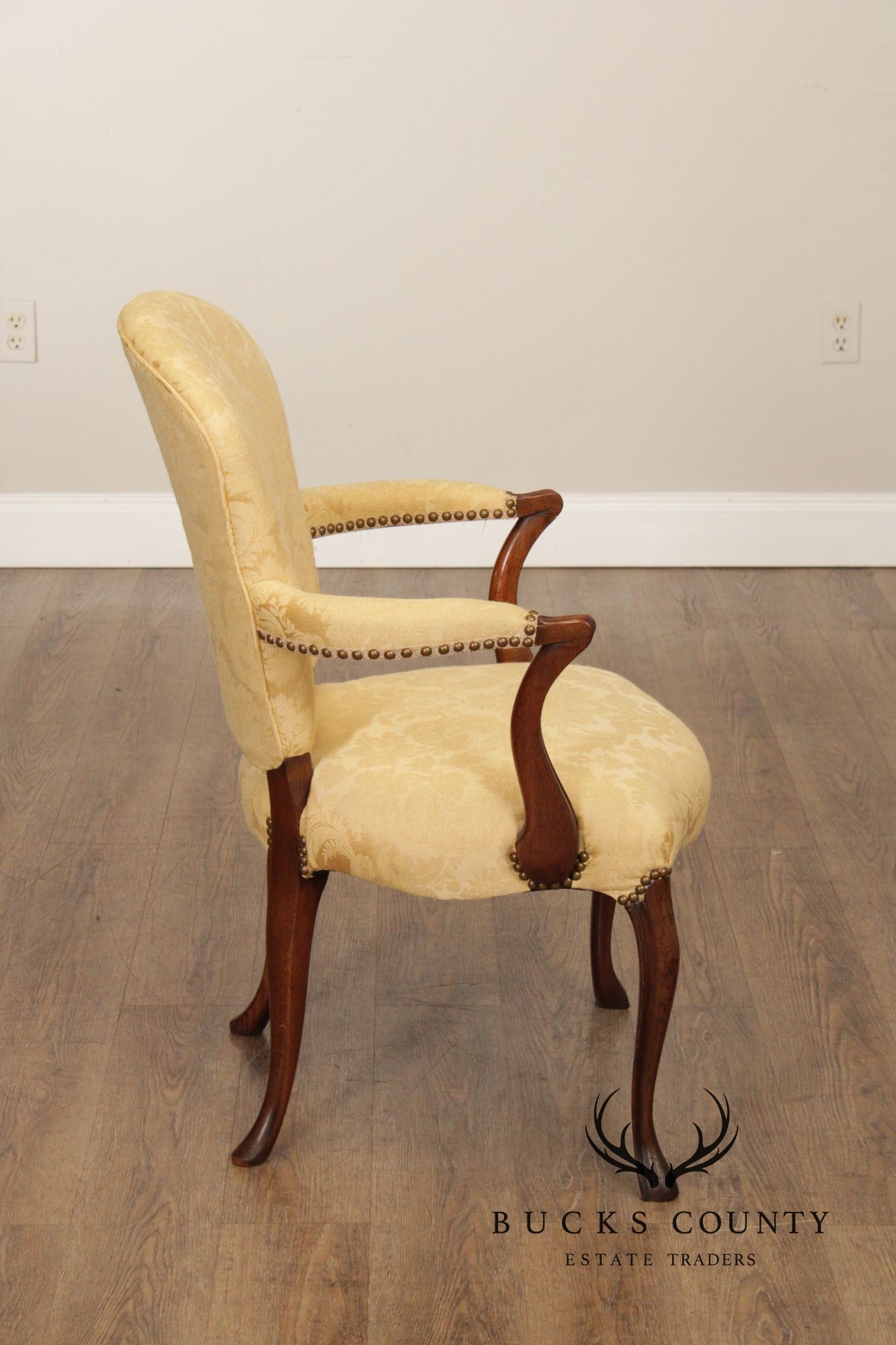 Queen Anne Style Vintage Pair of Mahogany Upholstered Armchairs