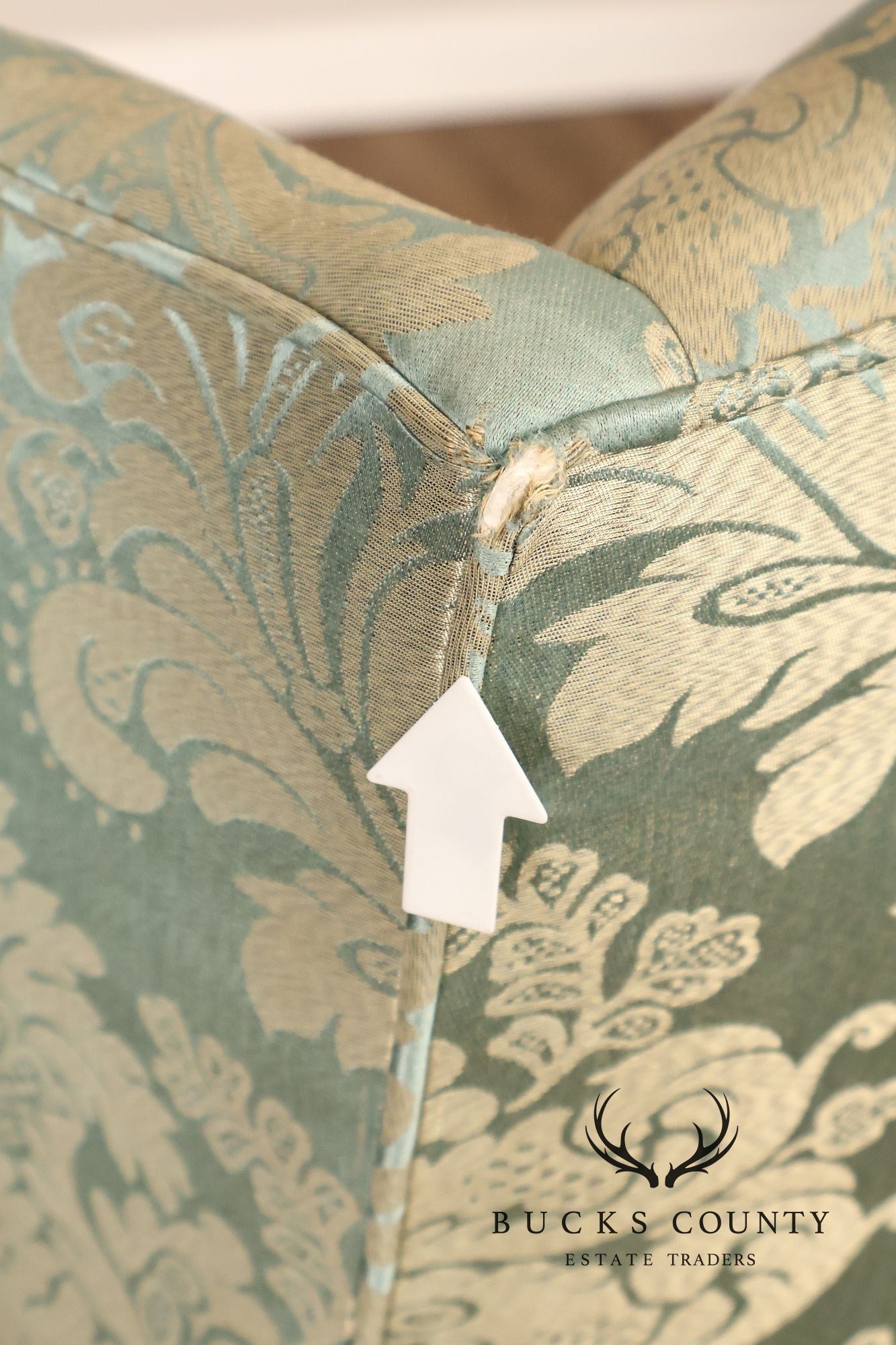 Quality Vintage Pair Of High Back Damask Upholstered Wing Chairs