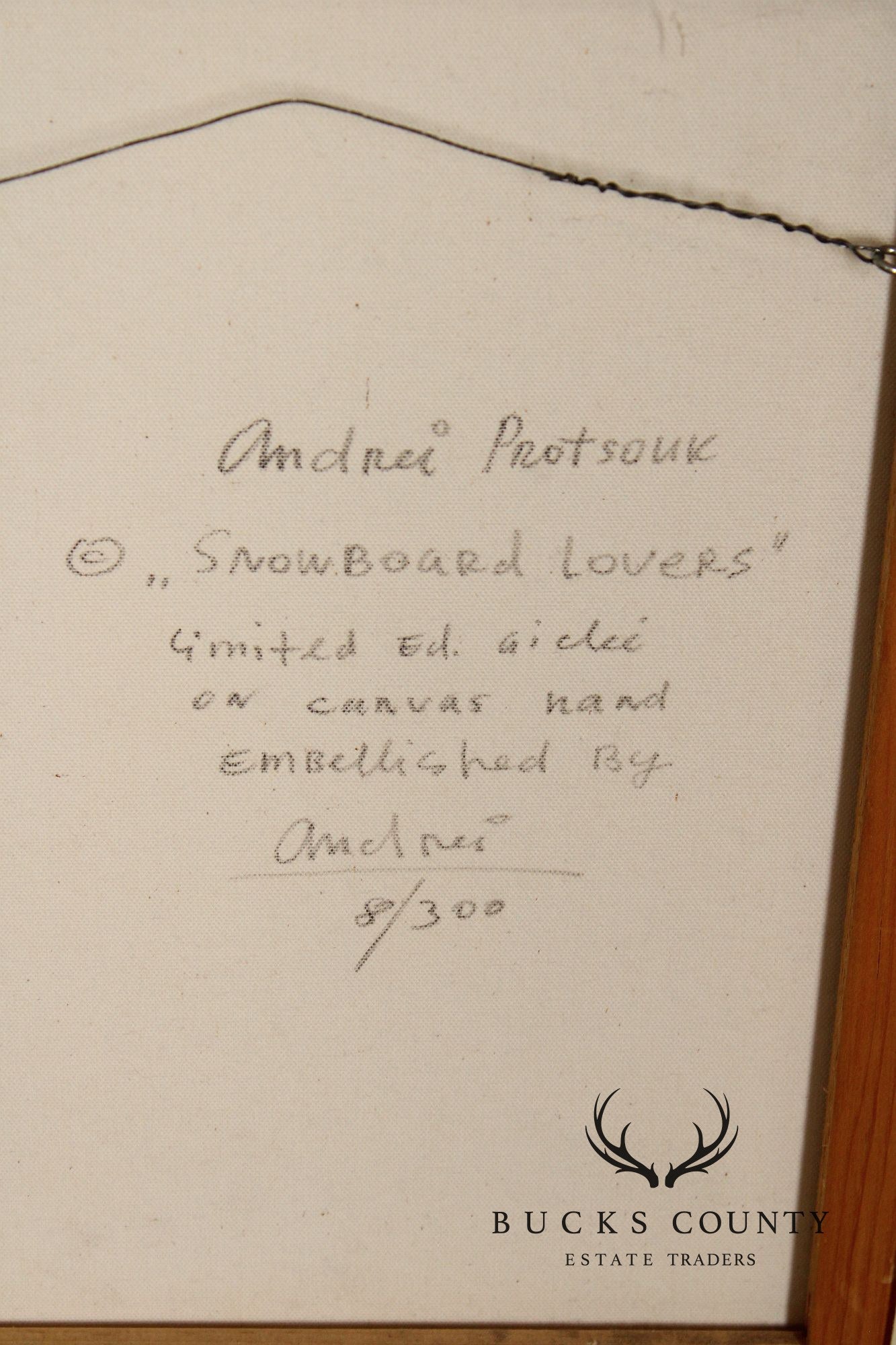 Andrei Protsouk Hand-Embellished Print, 'Snowboard Lovers'