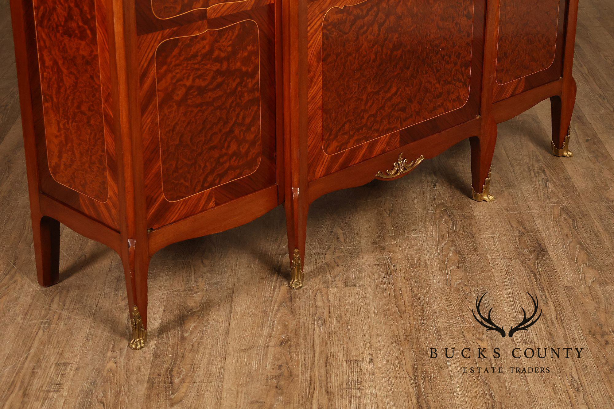 French Louis XV Style Burl Wood Three Door Bookcase Display Cabinet