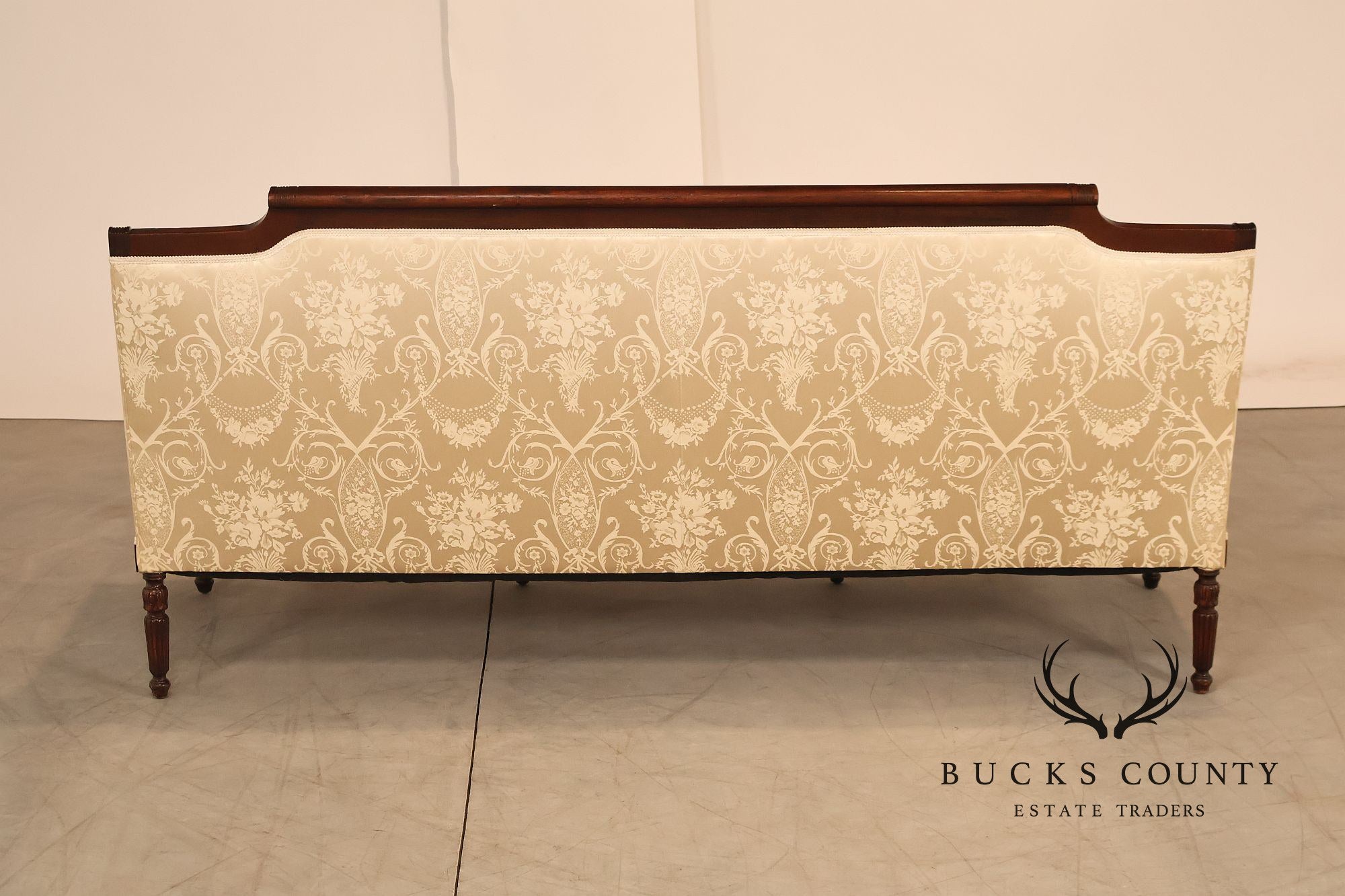 Federal Sheraton Style Upholstered Sofa With Carved Wood Frame