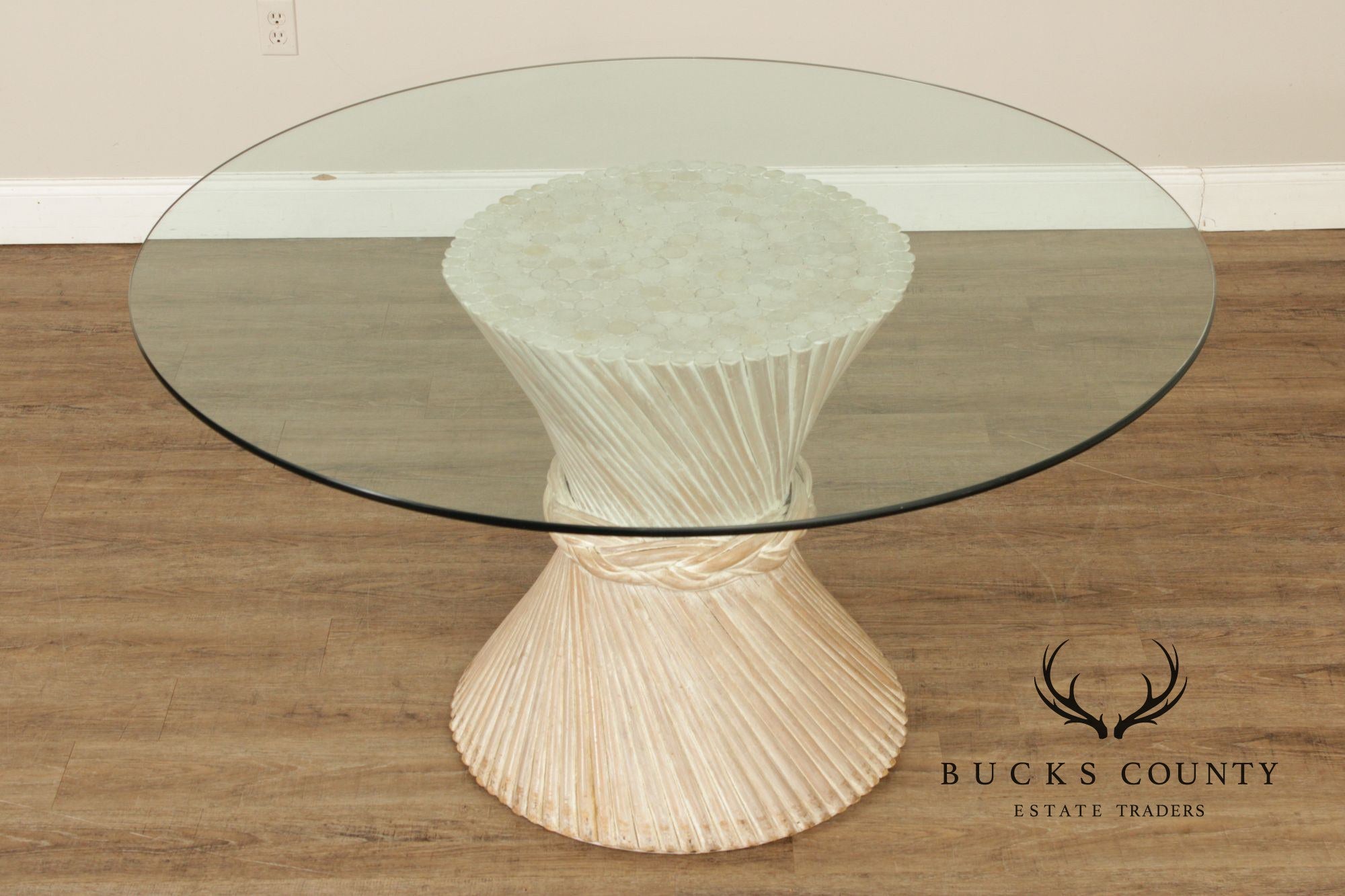 Hollywood Regency Rattan Wheat Sheaf Round Glass Top Pedestal Dining Table