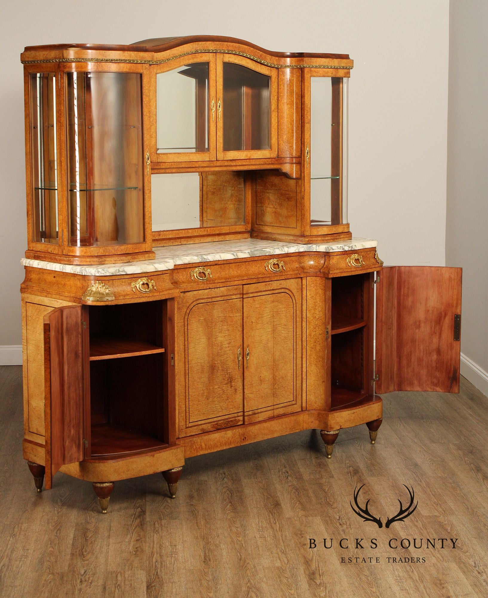 Antique French Louis XVI Style Burl Walnut Marble Top Buffet Hutch