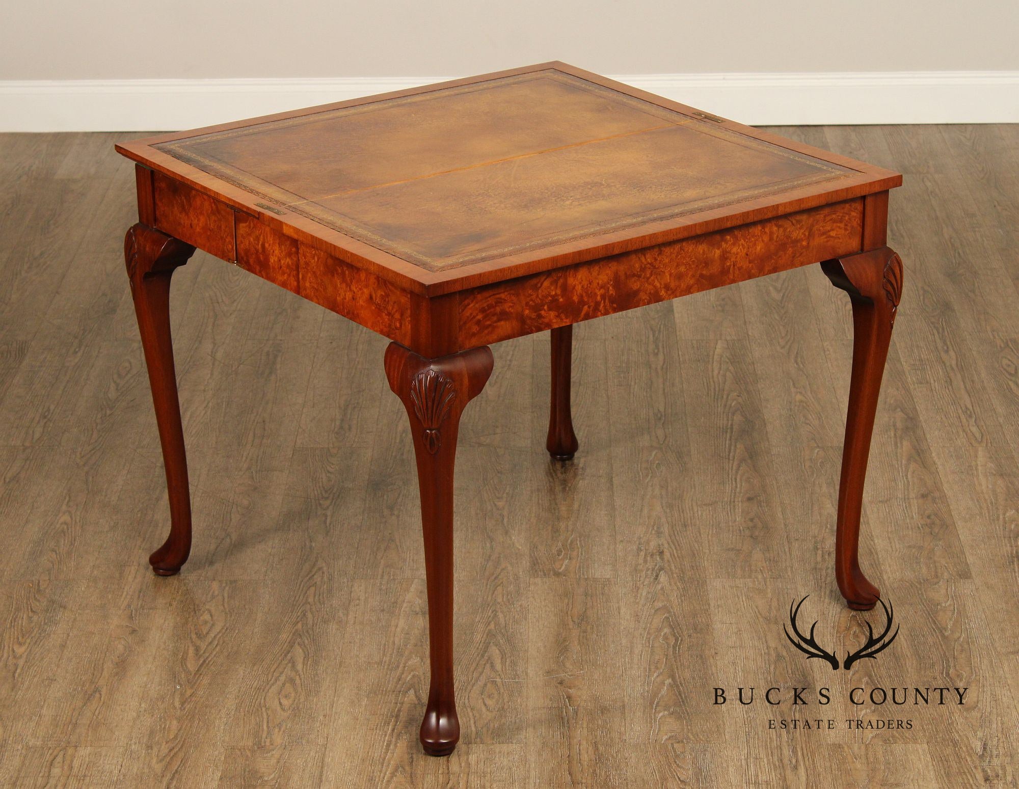 Queen Anne Style Burl Wood Leather Top Folding Games Table