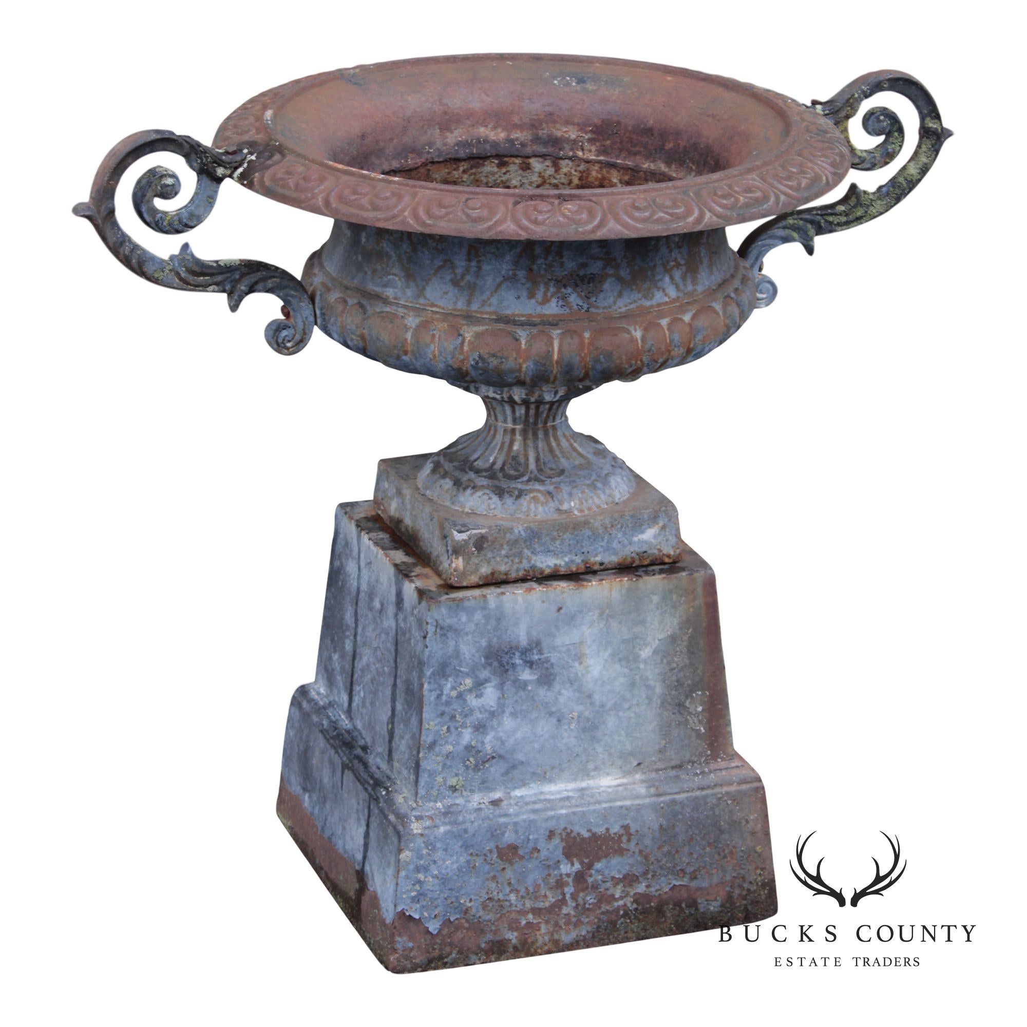 Vintage Cast Iron Neoclassical Garden Urn On Pedestal