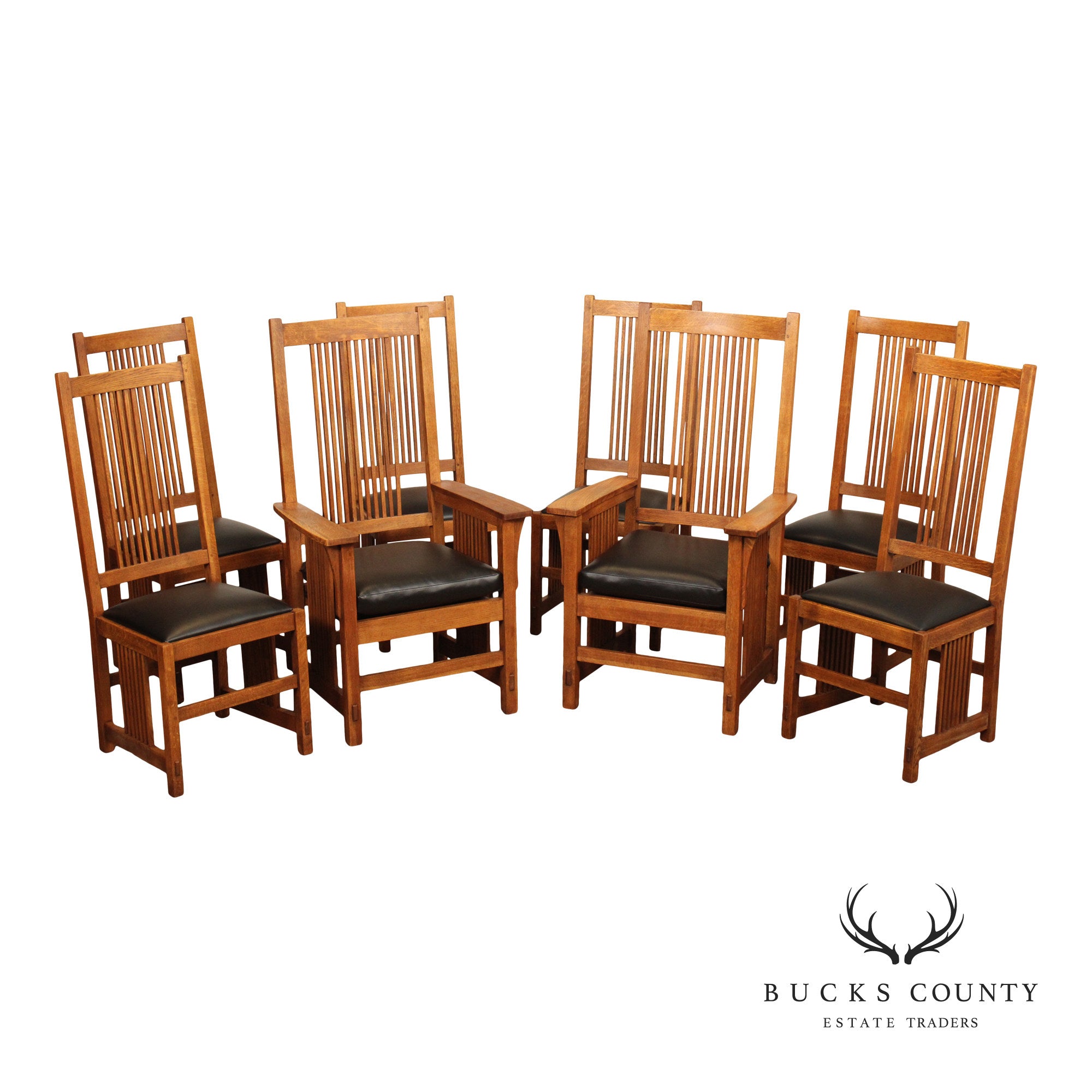 Stickley Mission Collection Set Of Eight Oak Spindle Back Dining Chairs