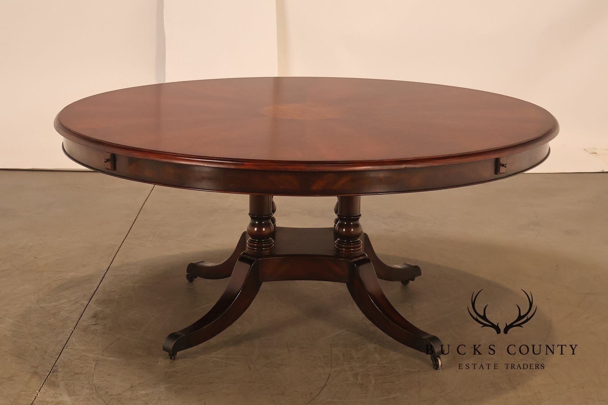Theodore Alexander Regency Style Mahogany Round Dining Table With Expandable 4 Leaves