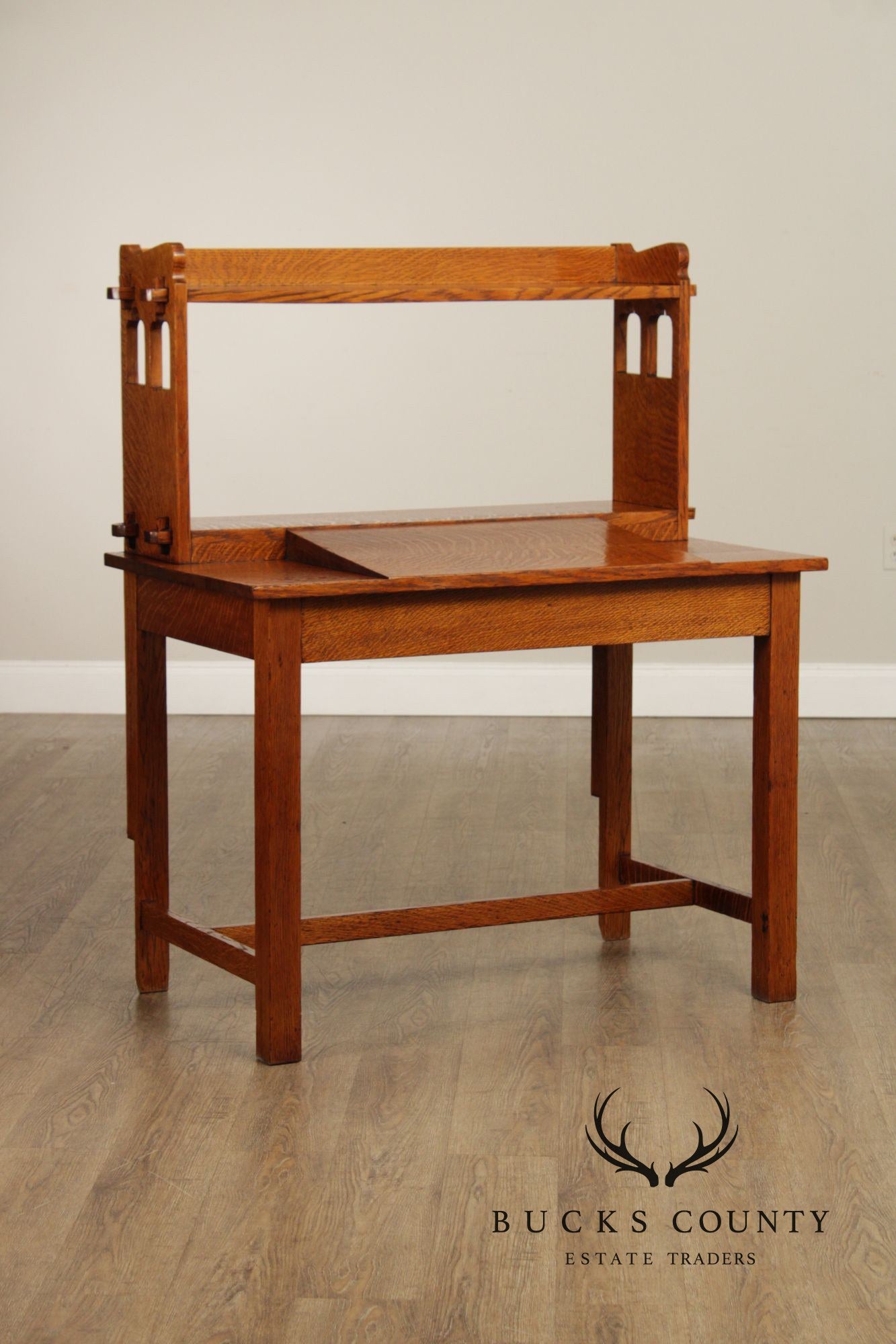 Antique Mission Oak Writing Desk With Bookcase Top
