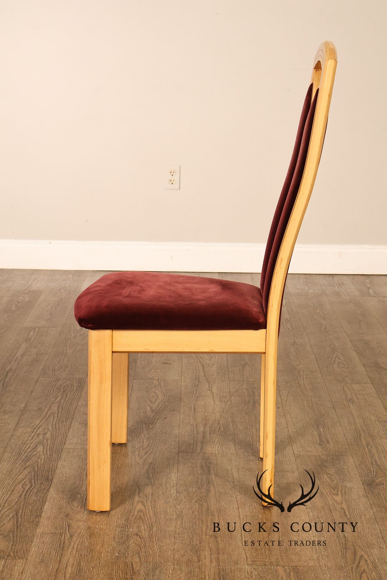 Tonon Set Of Eight Italian Light Wood Modern Dining Chairs With Burgundy Upholstery