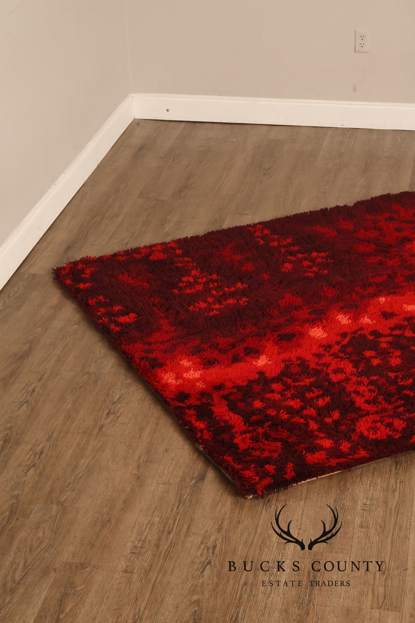 Mid Century Modern Scandinavian Rya Wool Abstract Red Shag Area Rug / Textile Wall Hanging by Ritva Puotila