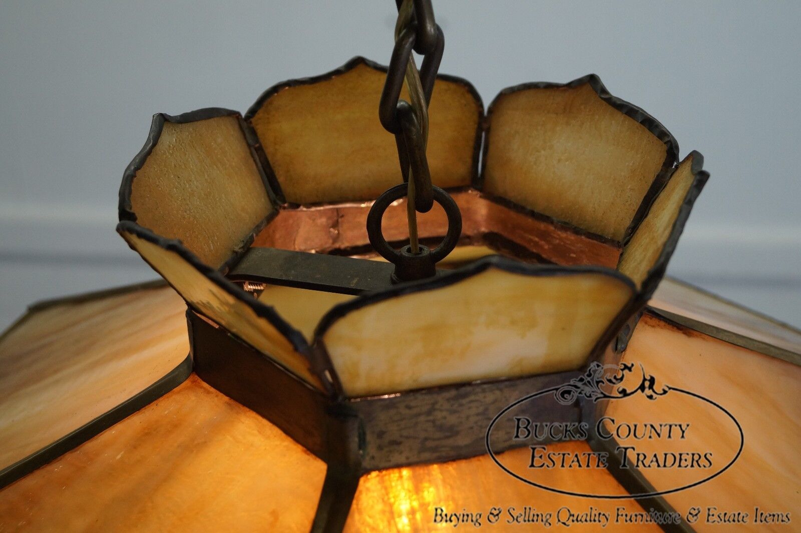 Antique Arts & Crafts Stained Glass Hanging Chandelier Light Fixture