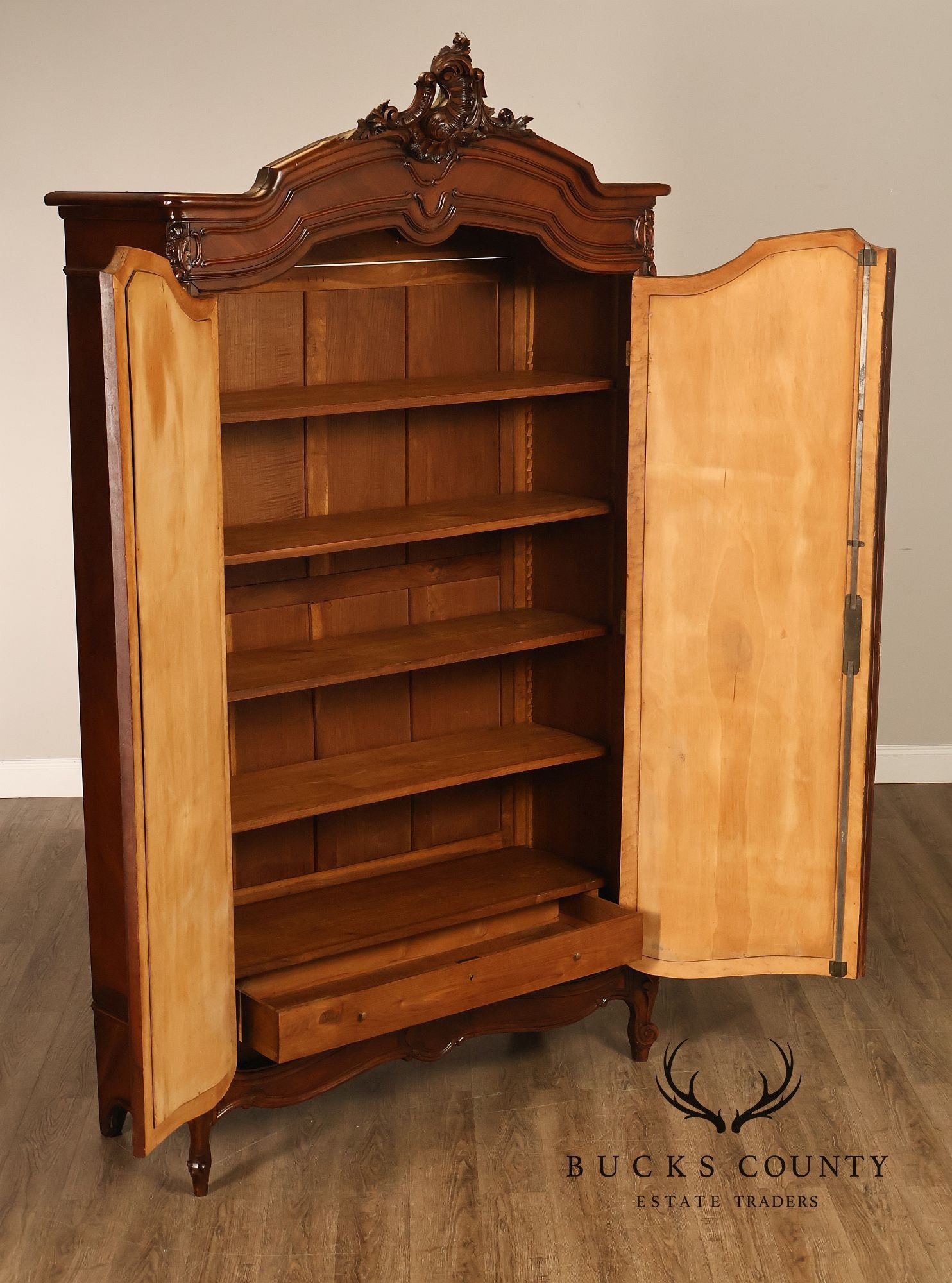 French Louis XV Style Antique Carved Mahogany Mirrored Armoire