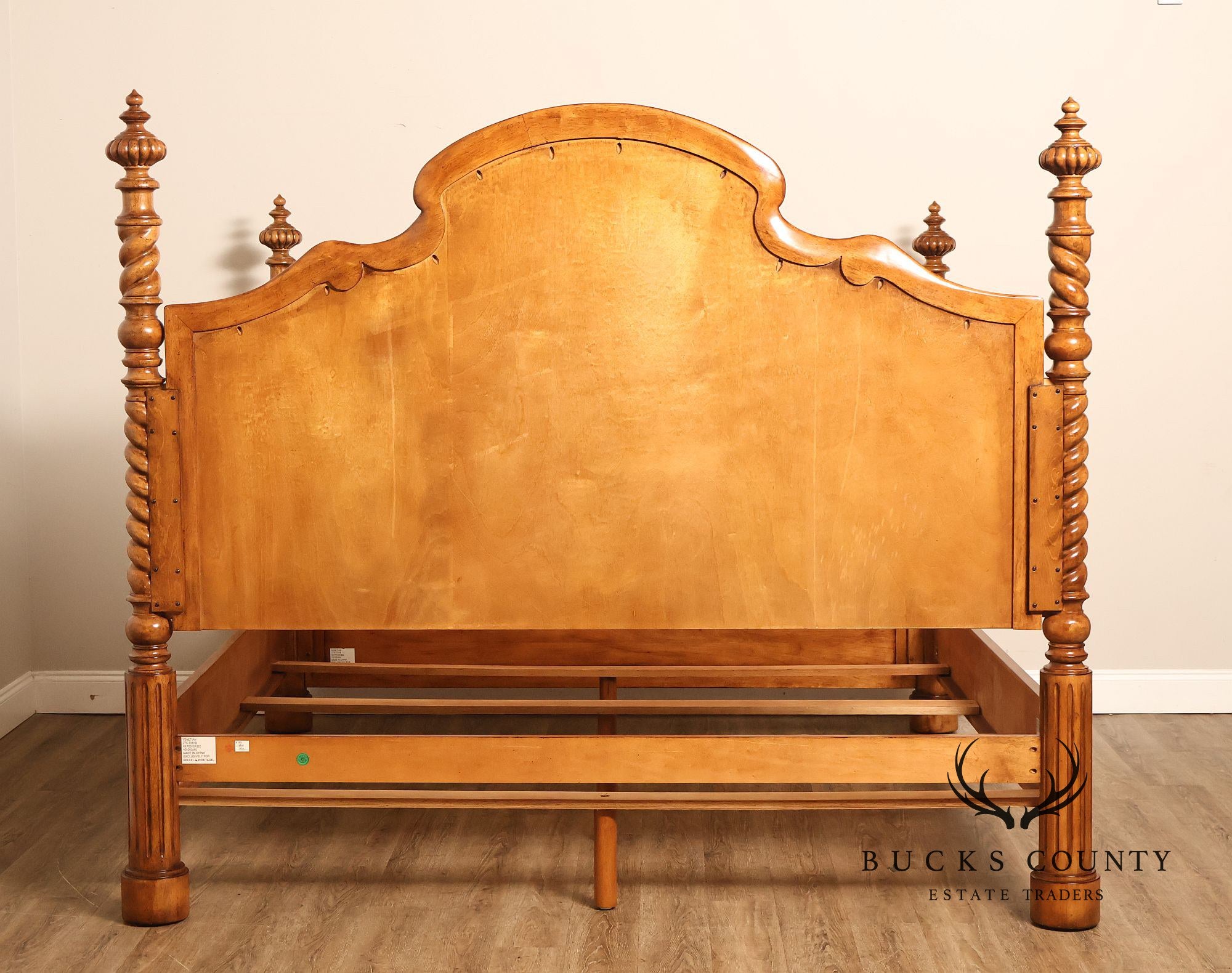 Drexel Heritage Venetian Collection Bookmatched Burl Wood King Four Poster Bed
