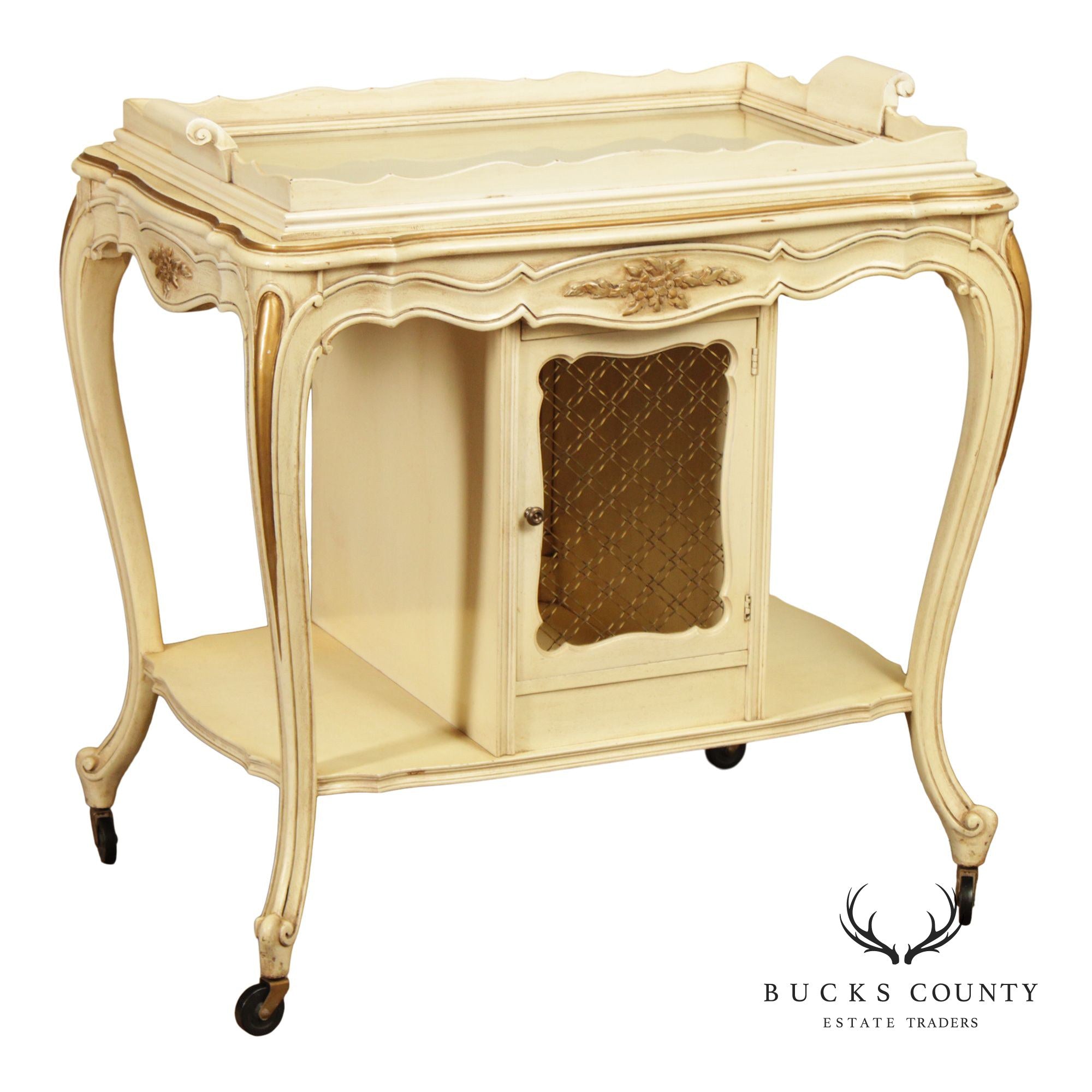 French Provincial Style Vintage Painted Tray Top Bar Cart