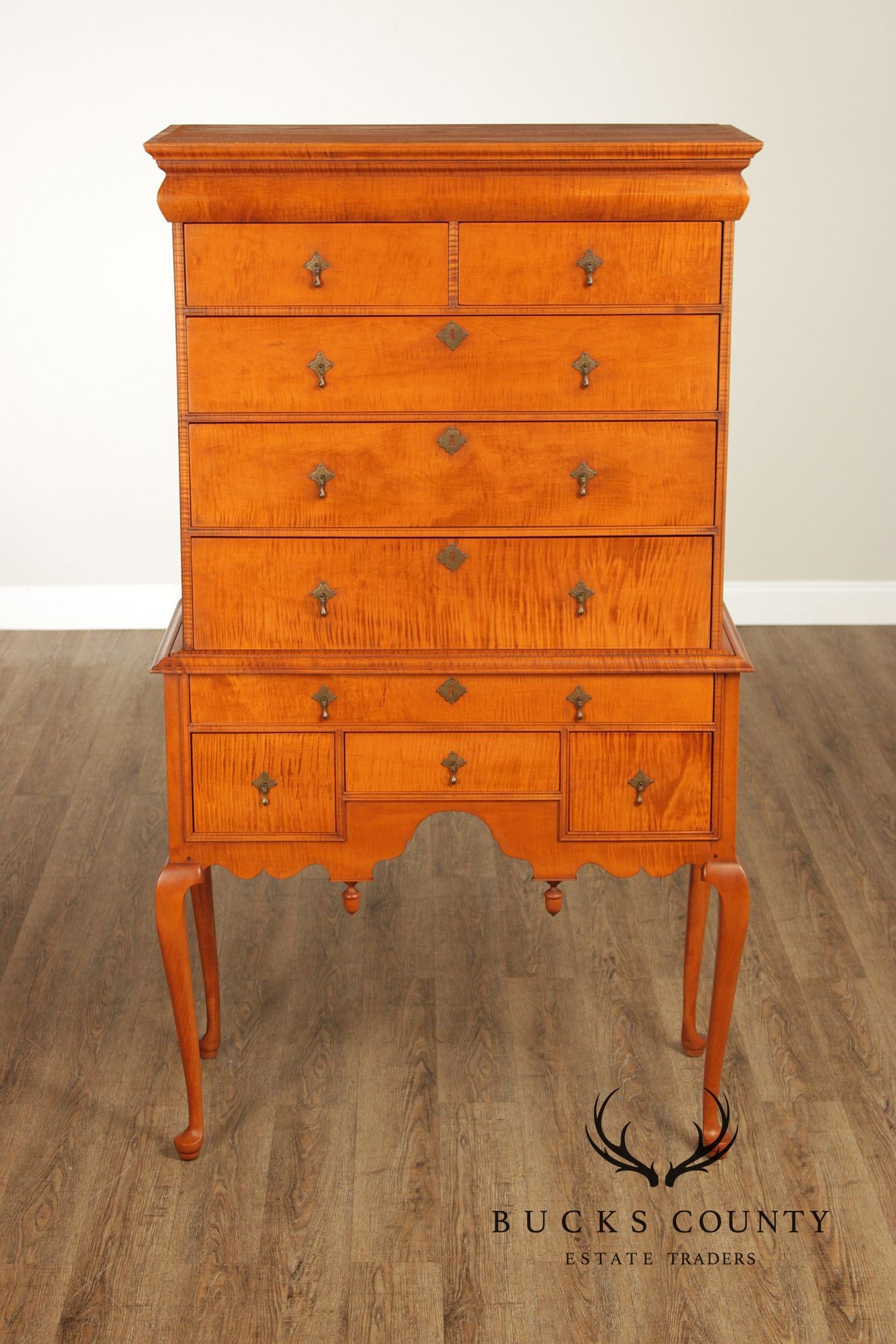 Simms & Thayer Queen Anne Style Tiger Maple Highboy