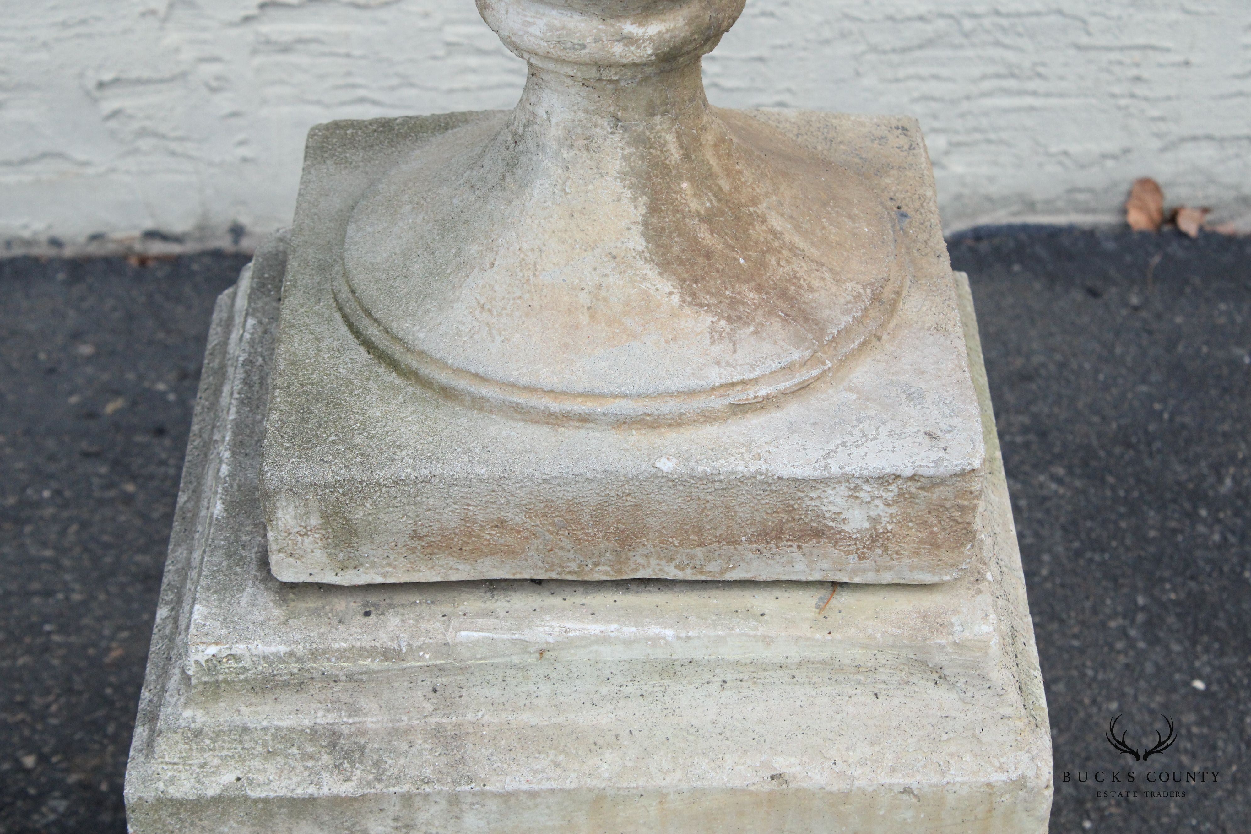 Pair Of Neoclassical Style Cast Stone Garden Urns On Pedestals