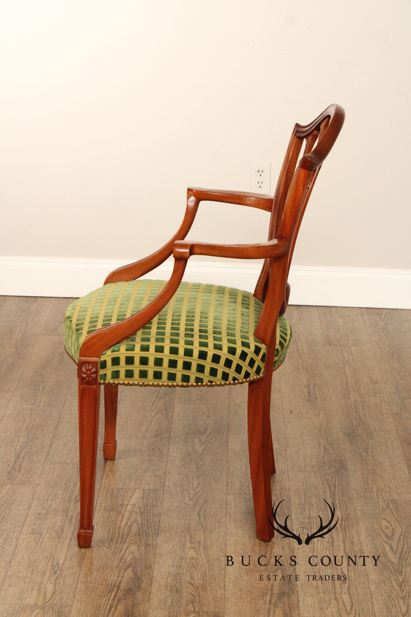 Hepplewhite Style Set of Four Carved Mahogany Shield Back Dining Chairs