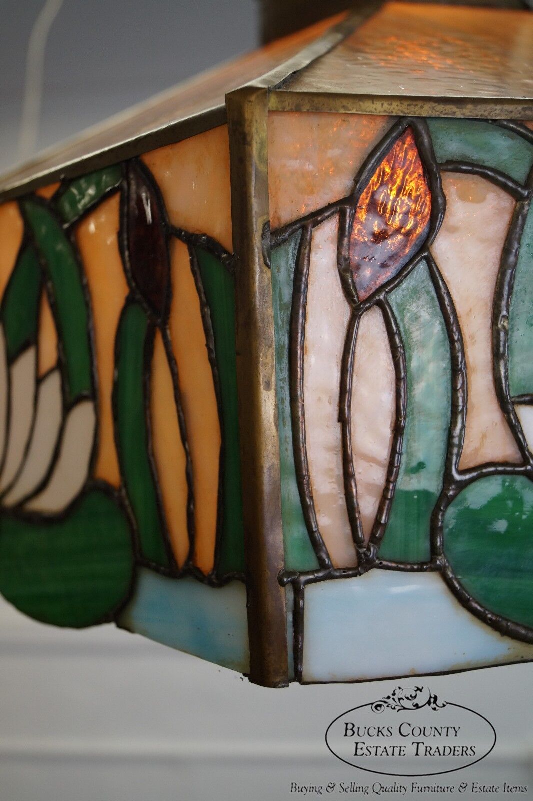 Antique Arts & Crafts Stained Glass Hanging Chandelier Light Fixture