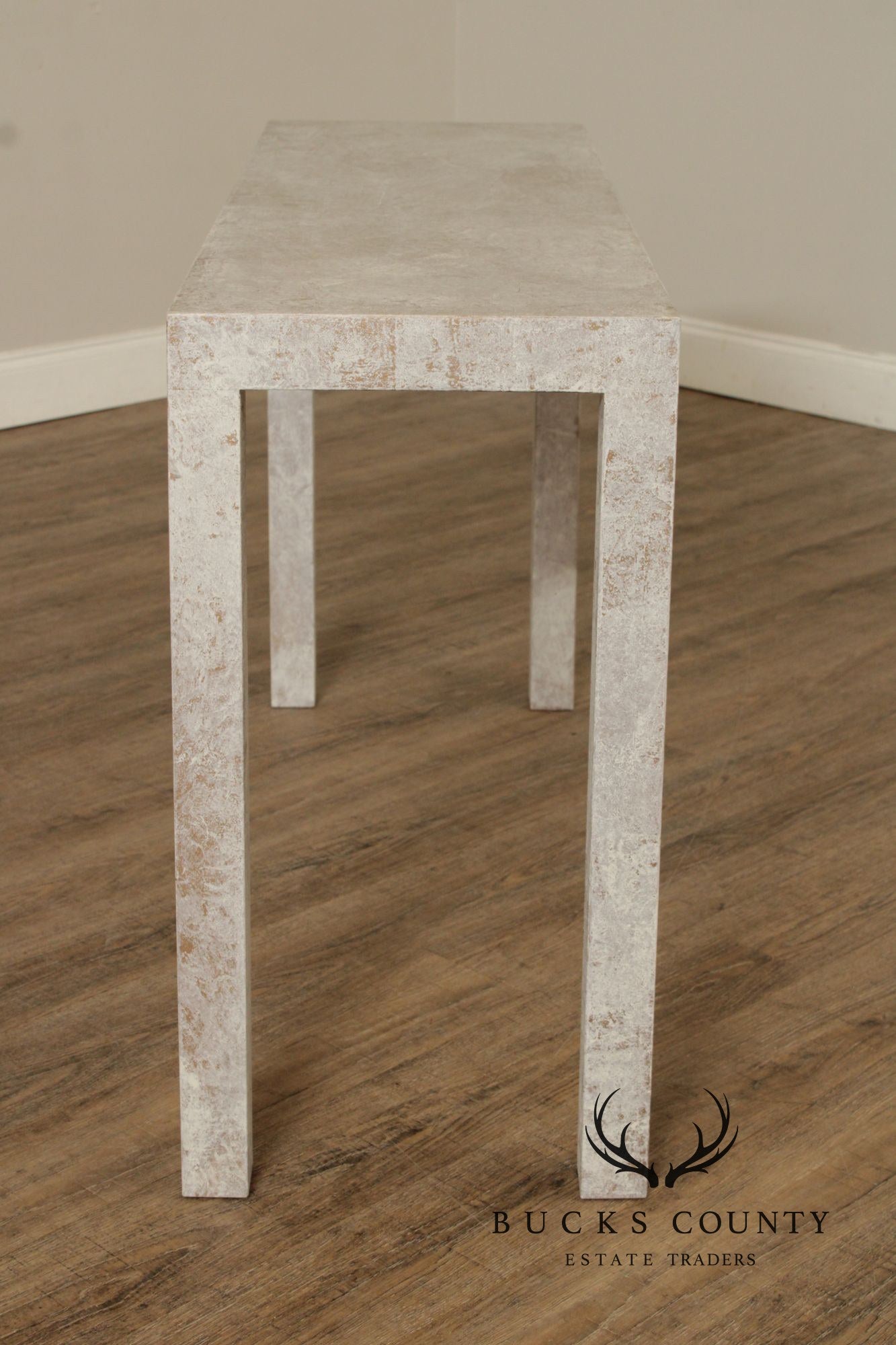 Mid Century Modern Cerused Painted Pair Of Burl Wood Parsons Console Tables
