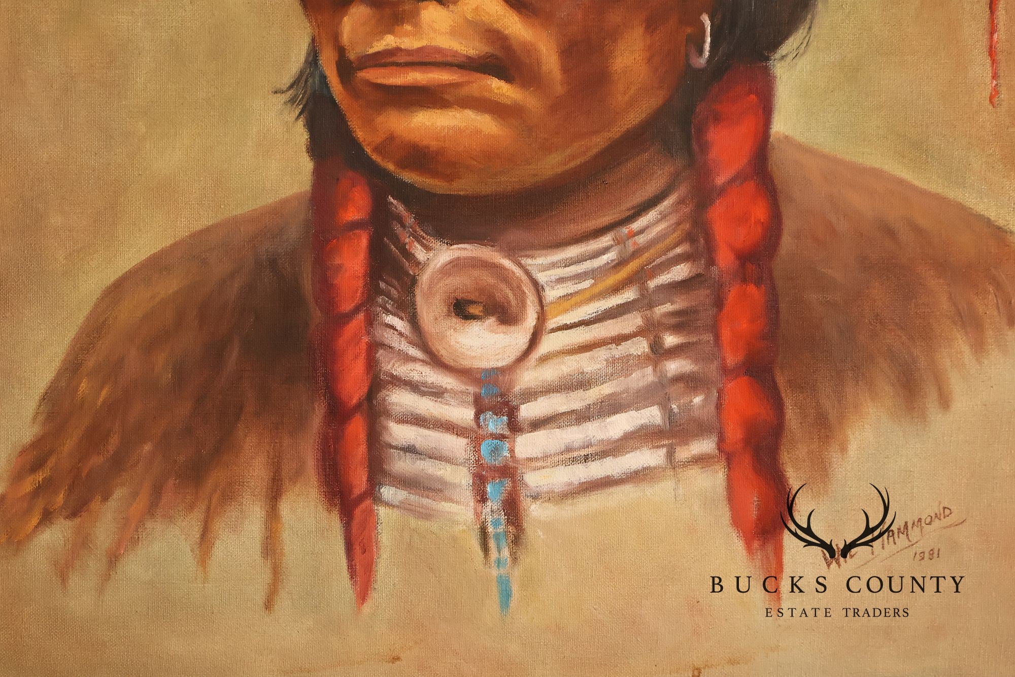 Framed Native American Portrait Painting Signed Wil Hamond 1981 "Lone Hawk"