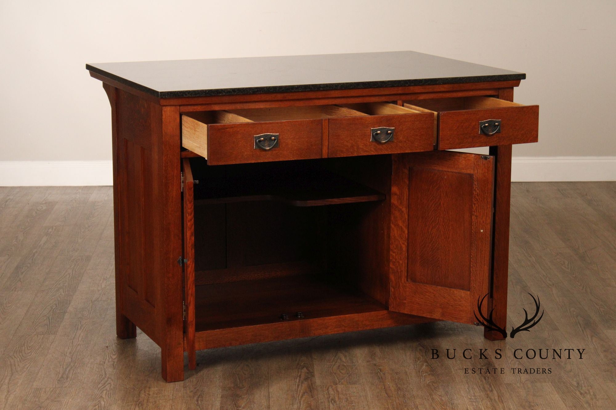 Stickley Mission Collection Granite Top Oak Kitchen Island