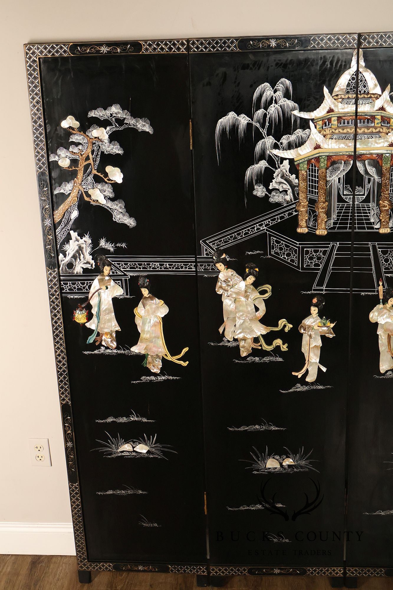 Asian Black Lacquer Vintage Pair Of Four Panel Folding Screens With Mother Of Pearl Inlay